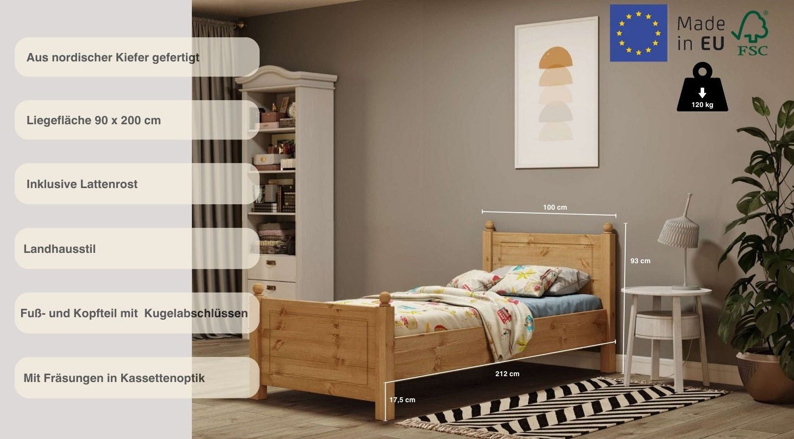 OTTO home Massivholzbett Mila, hohe Belastbarkeit Jugendbett,! FSC® zertifiziertes Massivholz (Breite/Belastbarkeit 180cm/220 KG, 140cm/180 KG, 90cm/=120 KG), aus massiver Kiefer, inklusive Lattenrost