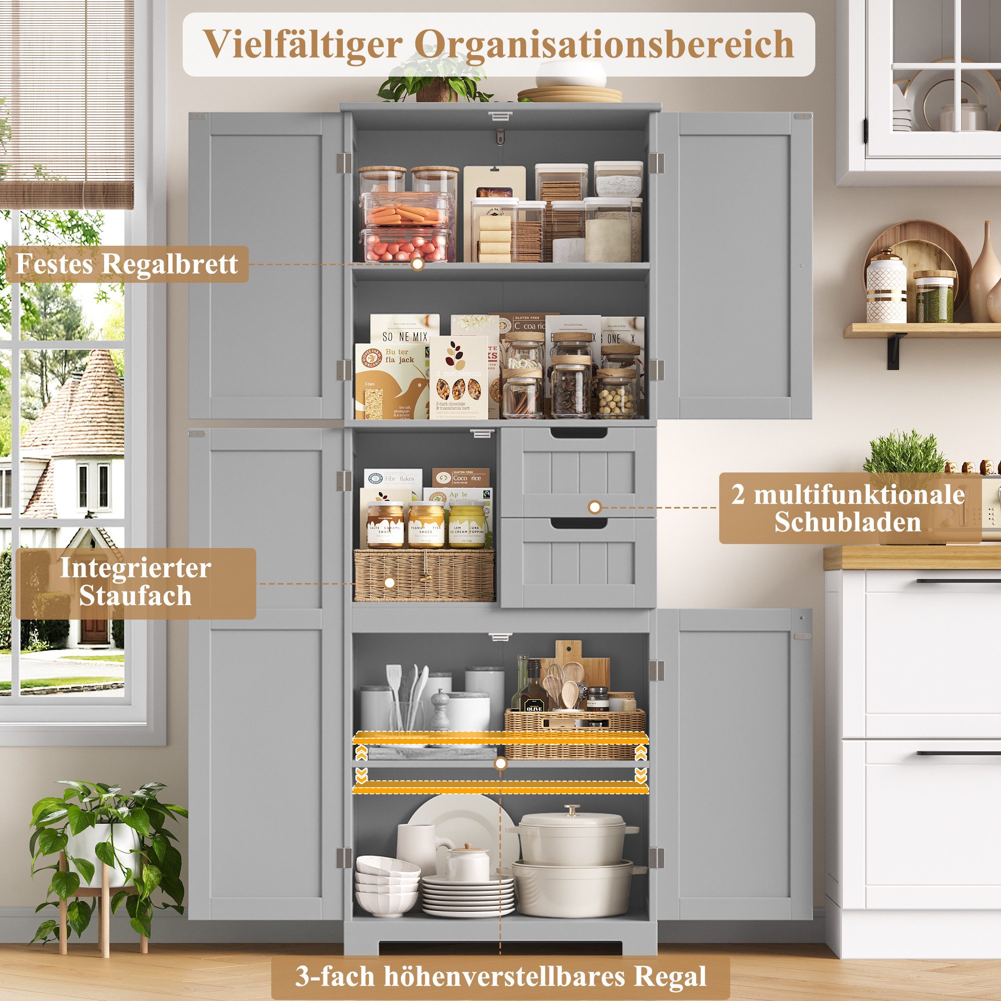 HOMECHO Hochschrank Badezimmerschrank mit 4 Türen 2 Schubladen für Wohnzimmer Küche Esszimmer Büro 164.5X 60x30cm