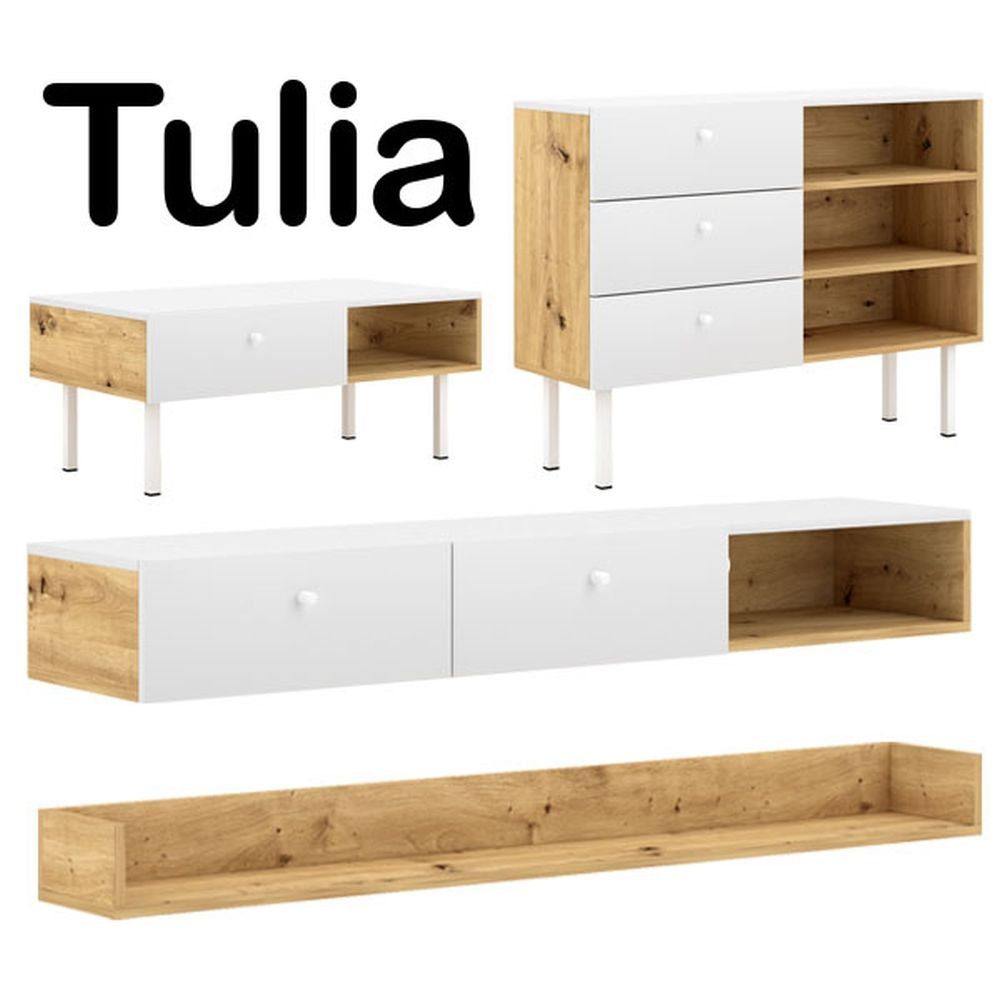 Feldmann-Wohnen Wohnzimmer-Set Tulia, (Set, - - Wandregal) - Couchtisch Lowboard 1 1 1 Sideboard 1
