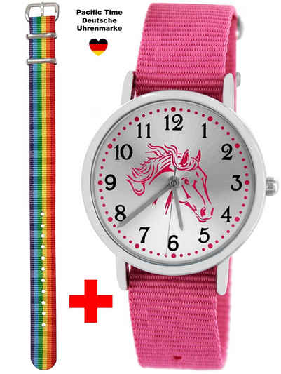 Pacific Time Quarzuhr Kinder Armbanduhr Mädchen Pferd rosa Wechselarmband rosa 10121, + ein Regenbogen Armband - Gratis Versand