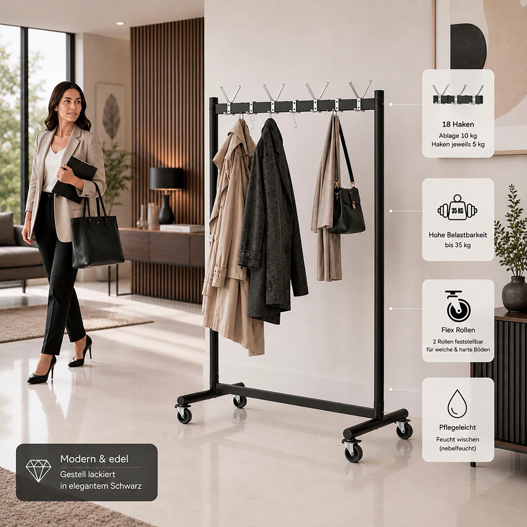 HAKU Garderobenständer Garderobe, Garderobenständer, Kleiderständer auf Rollen, Kleiderwagen, rechteckig - aus Metall Schwarz - B/T/H 103/39/174 cm