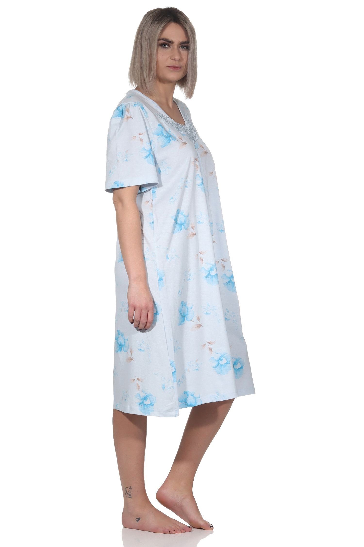 Nachthemd Normann am mit Knopfleiste kurzarm hellblau Damen Nachthemd und Hals Frauliches Spitze