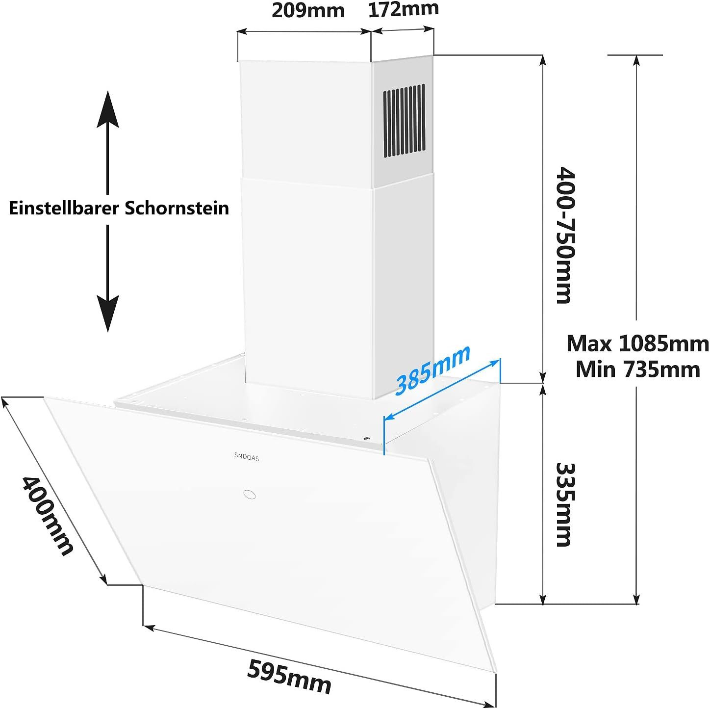 SNDOAS Wandhaube Dunstabzugshaube 60cm, kopffrei, mit 700 m³/h starker Saugleistung Touchscreen & LED, 3 Stufen, Abluft/Umluft, Energieklasse A++ – Bild 2 von 5