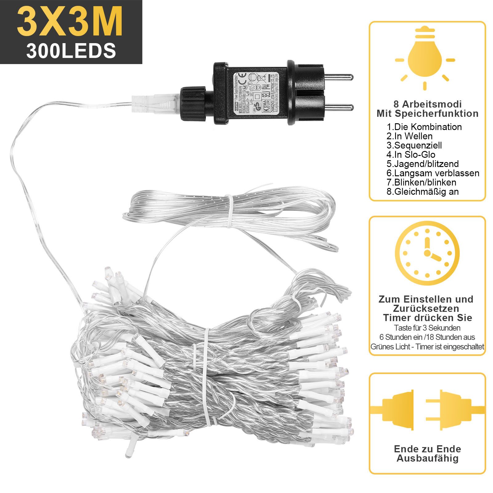 Rosnek LED-Lichterkette 3x3M, 10 Stränge, Speicherfunktion, Timer, für Vorhang Fenster Deko, 300-flammig, 8 Modi, Timer, für Schlafzimmer Weihnachten Terrasse