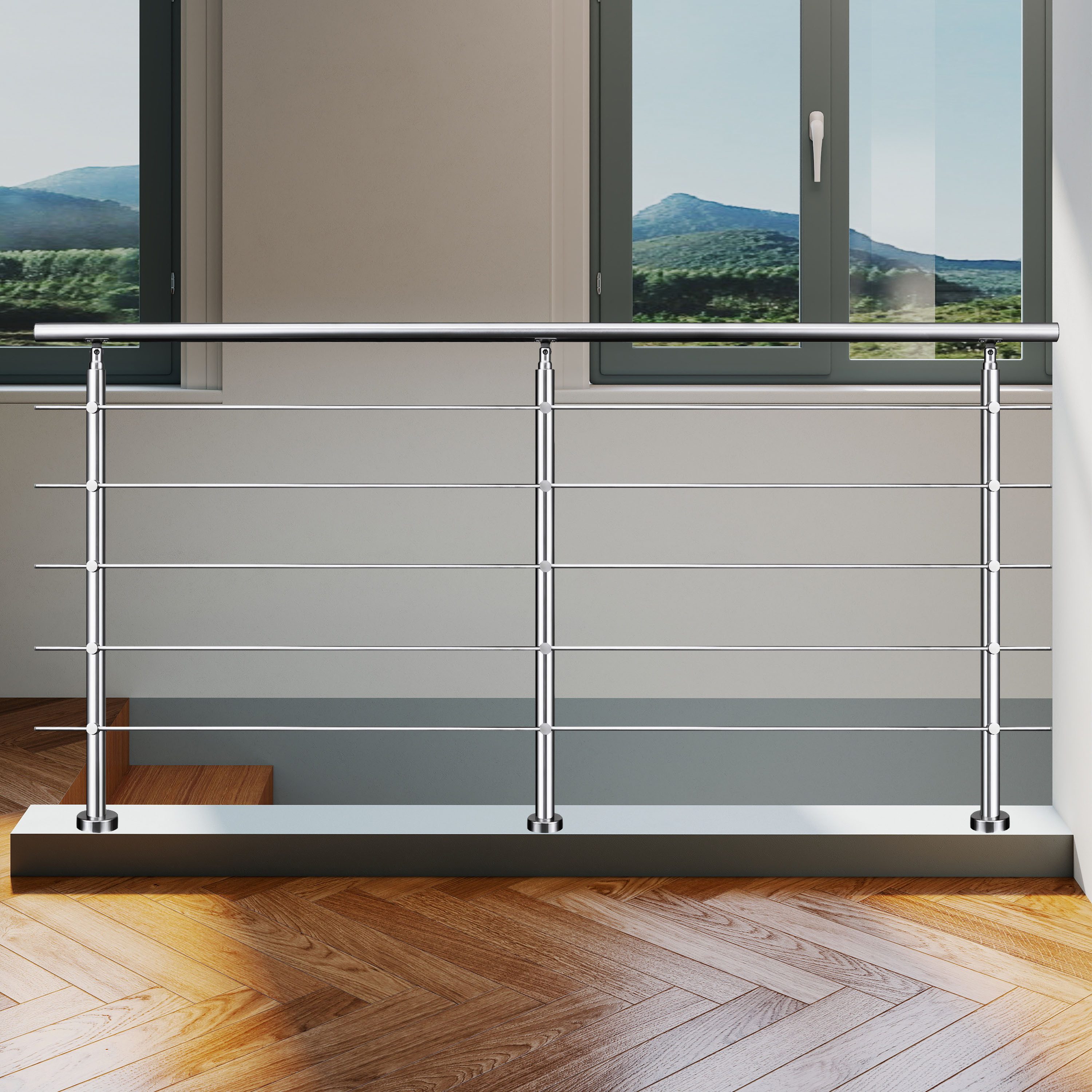 AICA Treppengeländer AICA Edelstahl-Geländer mit Handlauf, Länge 200/220/240 cm, 200 cm Länge, Packung, 5-tlg., Bodenmontage, 3 Pfosten und 3 oder 5 Querstäbe,  – Bild 3 von 5