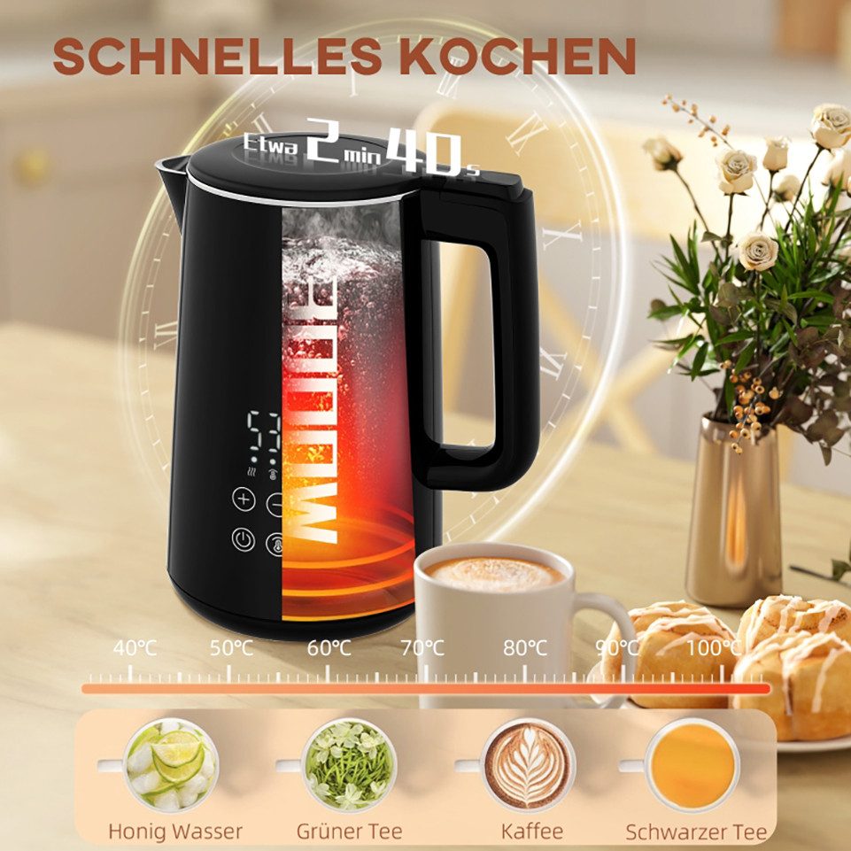 WHEELYOU Wasserkocher Wasserkocher & Toaster Set 1,5L, 2 Scheiben, 7 Bräunungsstufen, 2200 W, Edelstahl