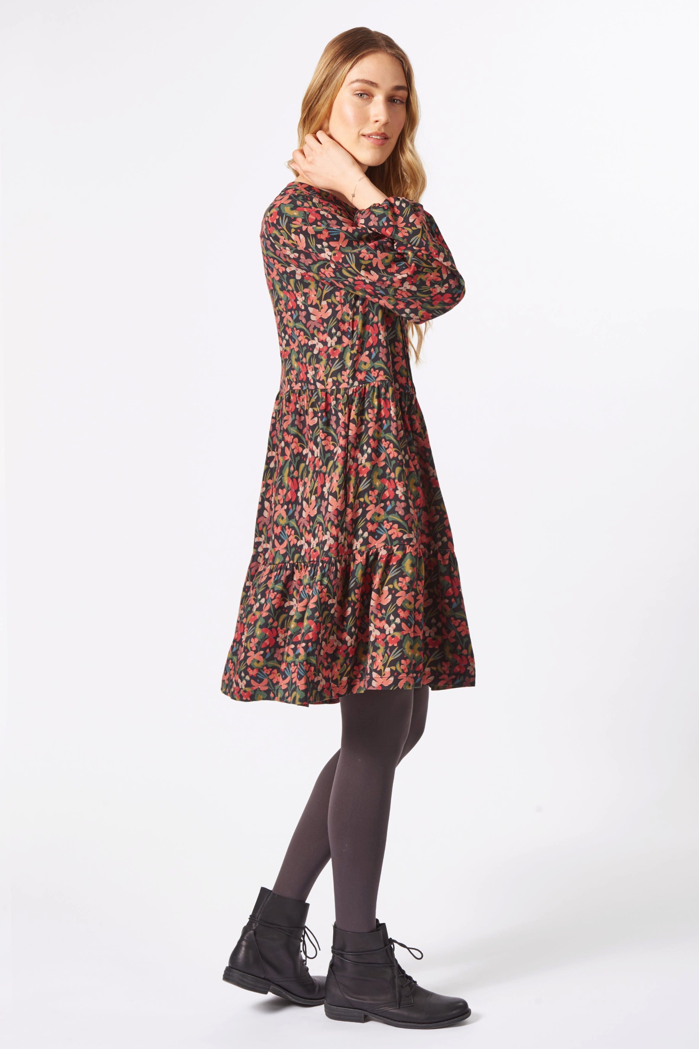 Himalaya Clothing Midikleid Verspieltes Kleid Damen mit Allover-Print aus hochwertiger Viskose Komfortables Blusenkleid langarm mit Muster – Bild 5 von 5