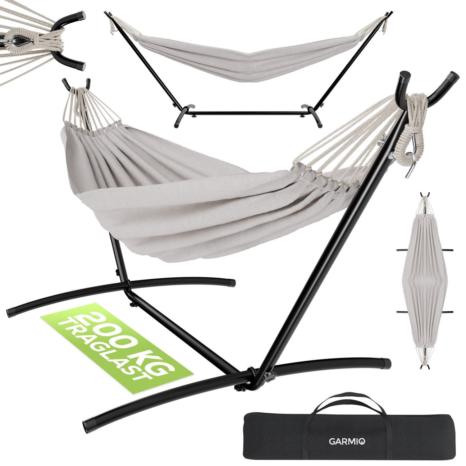 GARMIO Hängematte mit Gestell, 200kg Belastbarkeit, 270x110x105cm (inkl. Zubehör & Tragetasche, mit Kordeln, in Beige, mit Stahlgestell, klappbar), Pflegeleicht, 270 x 110 x 105cm