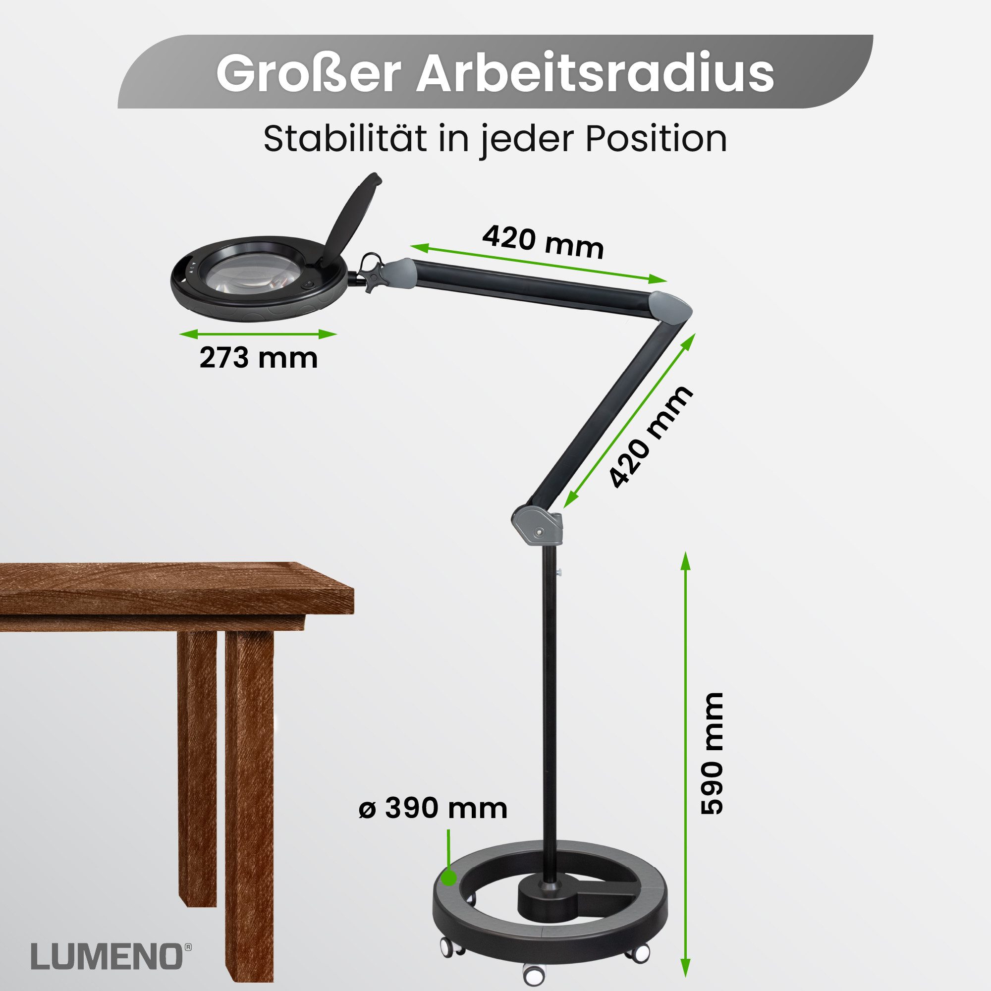 Lumeno Lupenlampe 851X dimmbare LED-Lupenleuchte, 152 mm kristallklare Linse, LED fest integriert, Kaltweiß, 6500 K