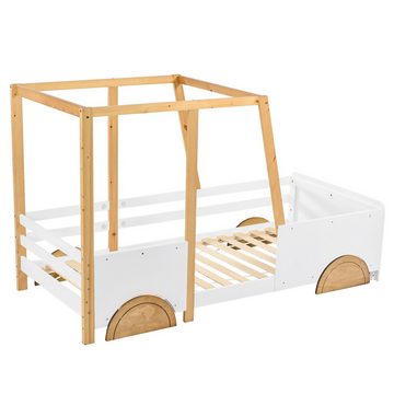 Ulife Kinderbett Autobett Jeep-Bett Holzbett Einzelbett mit MDF-Rädern, Rahmen aus Kiefer, weiß + natur (90x200cm)