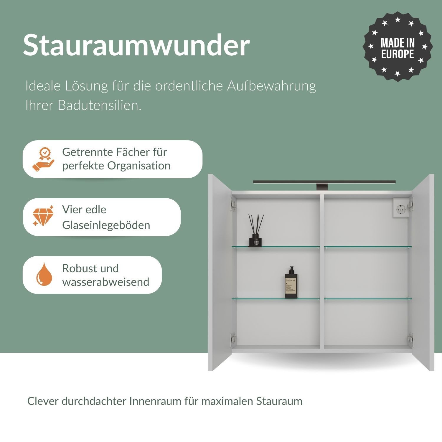 Planetmöbel Spiegelschrank ARIA Badschrank 80 cm mit Beleuchtung & Steckdose, Glaseinlegeböden (Spiegelschrank Bad mit Beleuchtung 80 x 70 x 16 cm, 3-St., Badspiegelschrank 2-türig) Steckdose für Elektrogeräte, LED-Aufbauleuchte 60cm