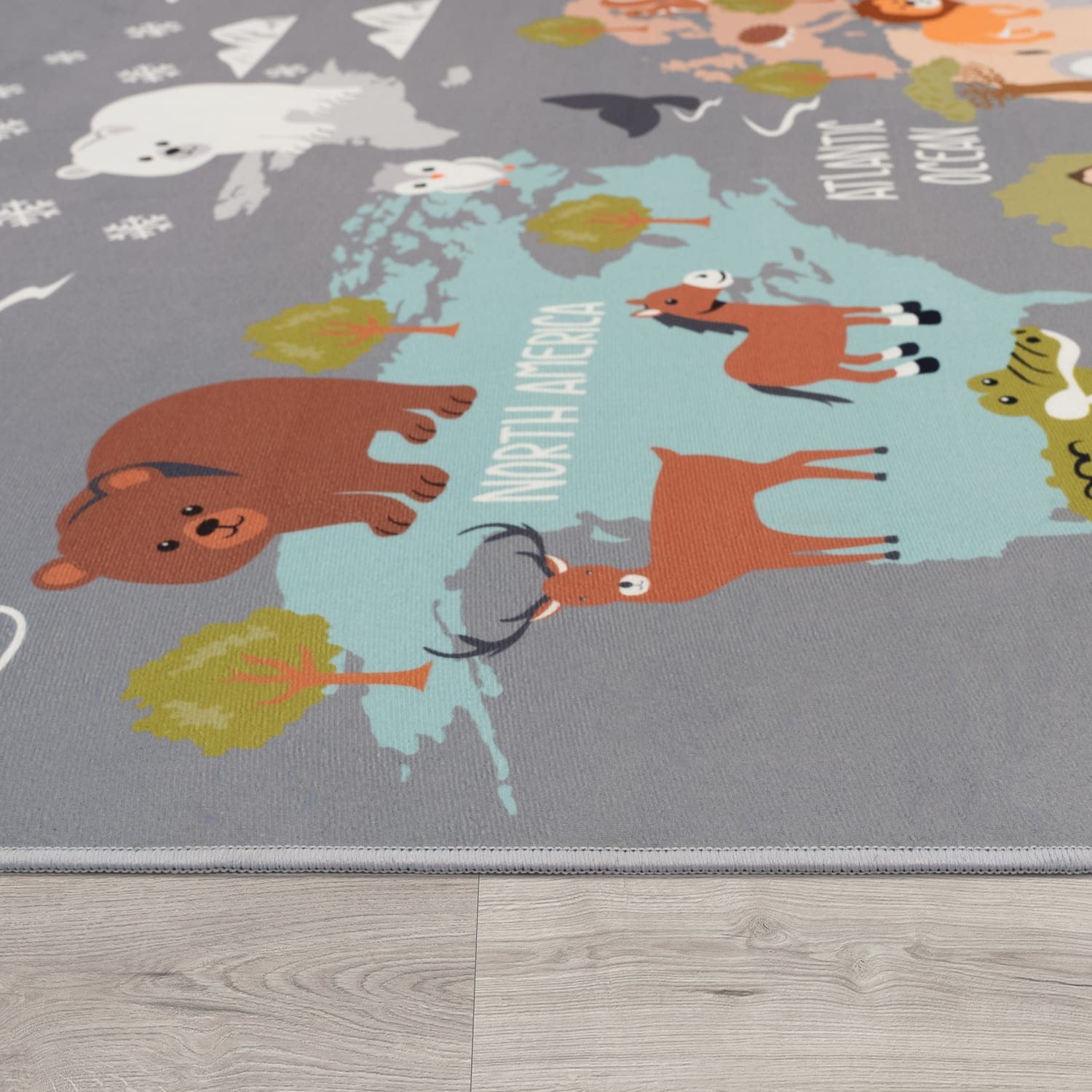 KADIMA DESIGN Kinderteppich waschmaschinenwaschbar Tier‑Weltkarten‑Muster Kinderteppich, Rechteckig, Höhe: 4 mm, 100% Polyester, Rücken aus Felt + Dots, Rechtec – Bild 4 von 5