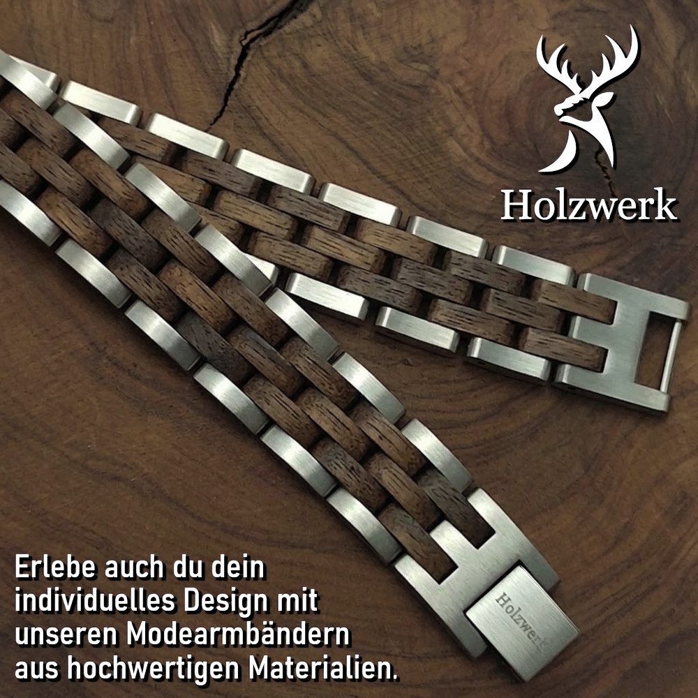 Holzwerk Edelstahlarmband Designer Holz Armband, Armkette Gliederarmband, Holz Unikate inkl. Armbandkürzer, ideal als Geschenk