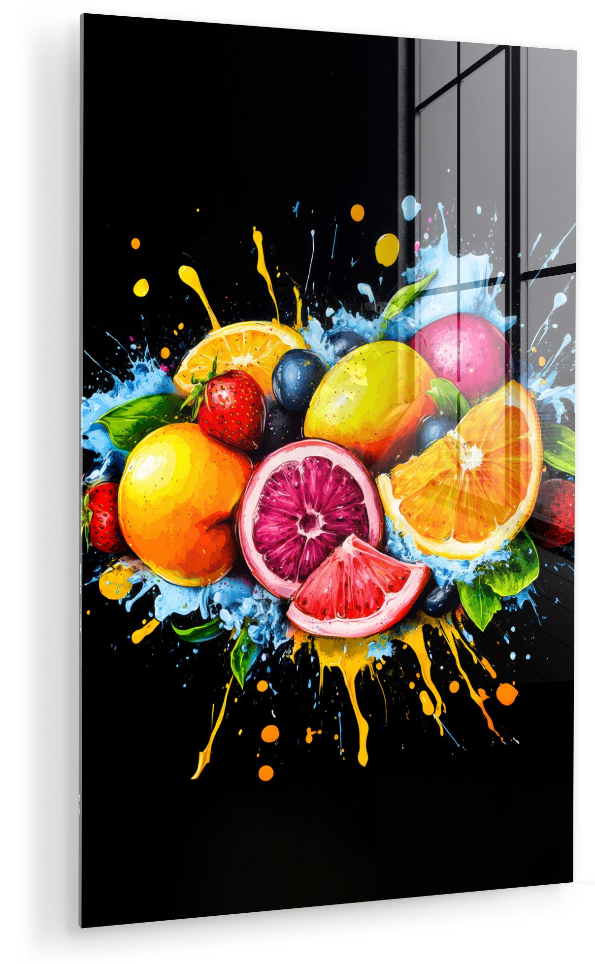 MuchoWow Acrylglasbild Obst - Graffiti - Bunt - Orange - Erdbeere - Abstrakt, Inkl. Aufhängung, Dekorative Bild für Küche & Wohnzimmer auf Glas, 20x30 cm