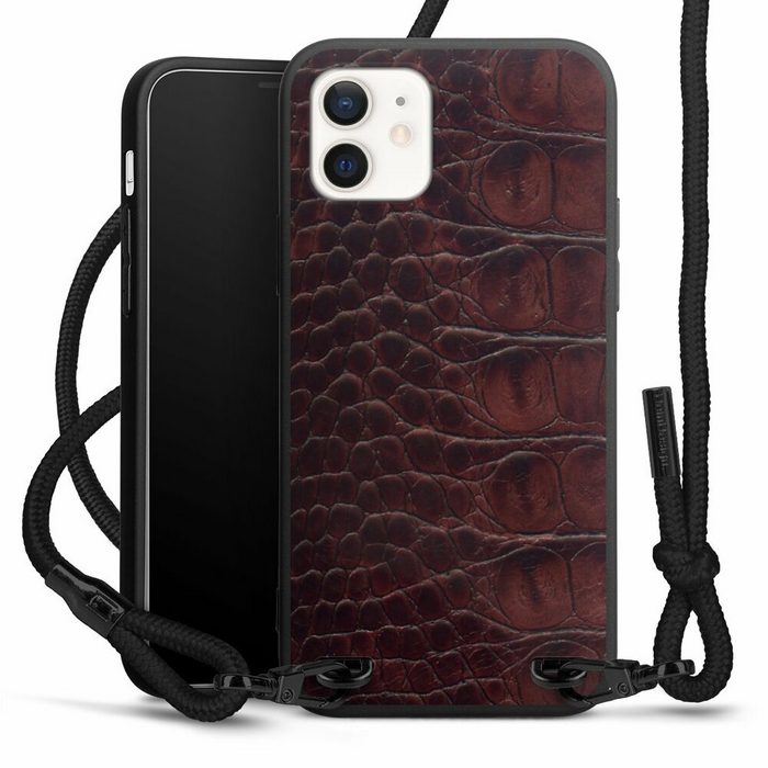DeinDesign Handyhülle Krokodil Leder Animalprint Croco dark brown Apple iPhone 12 Premium Handykette Hülle mit Band Case zum Umhängen