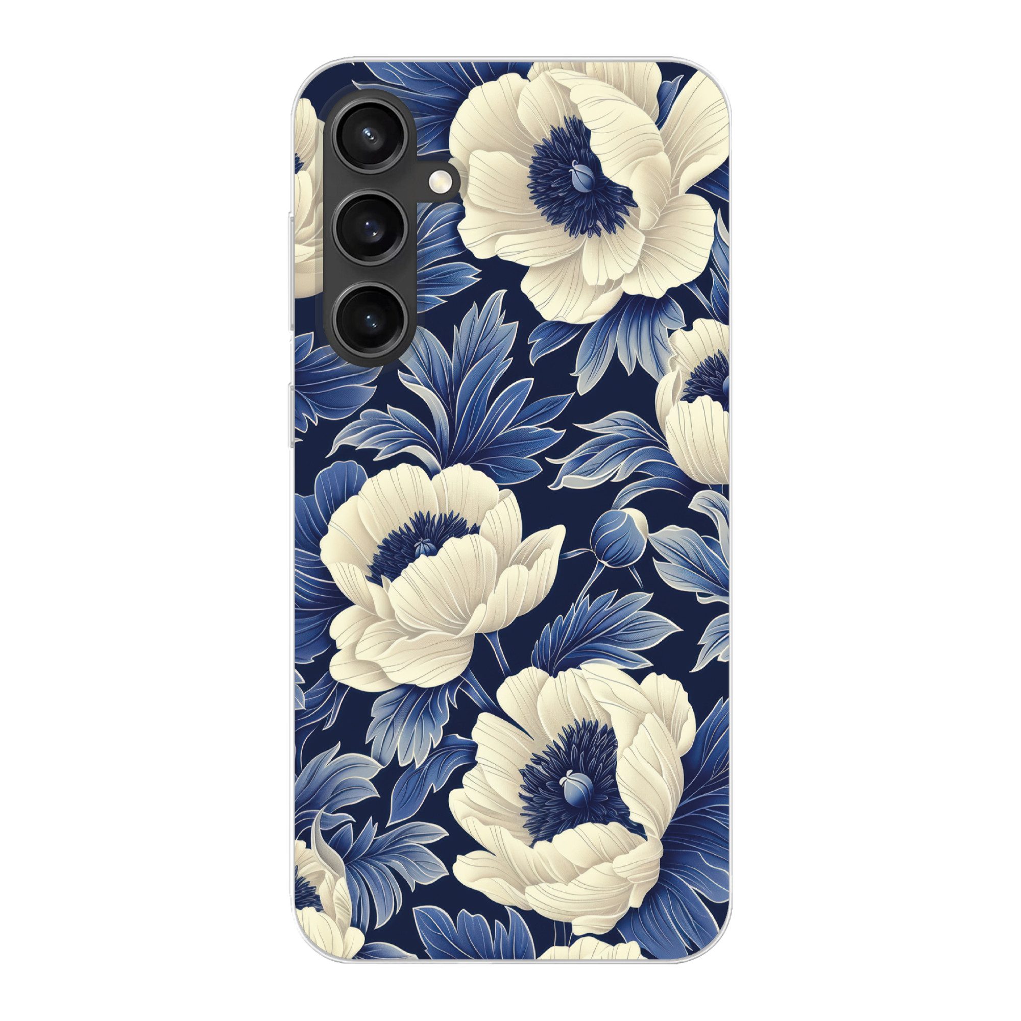 MuchoWow Handyhülle für Samsung Galaxy S23 FE Blumen - Muster - Blau - Weiß