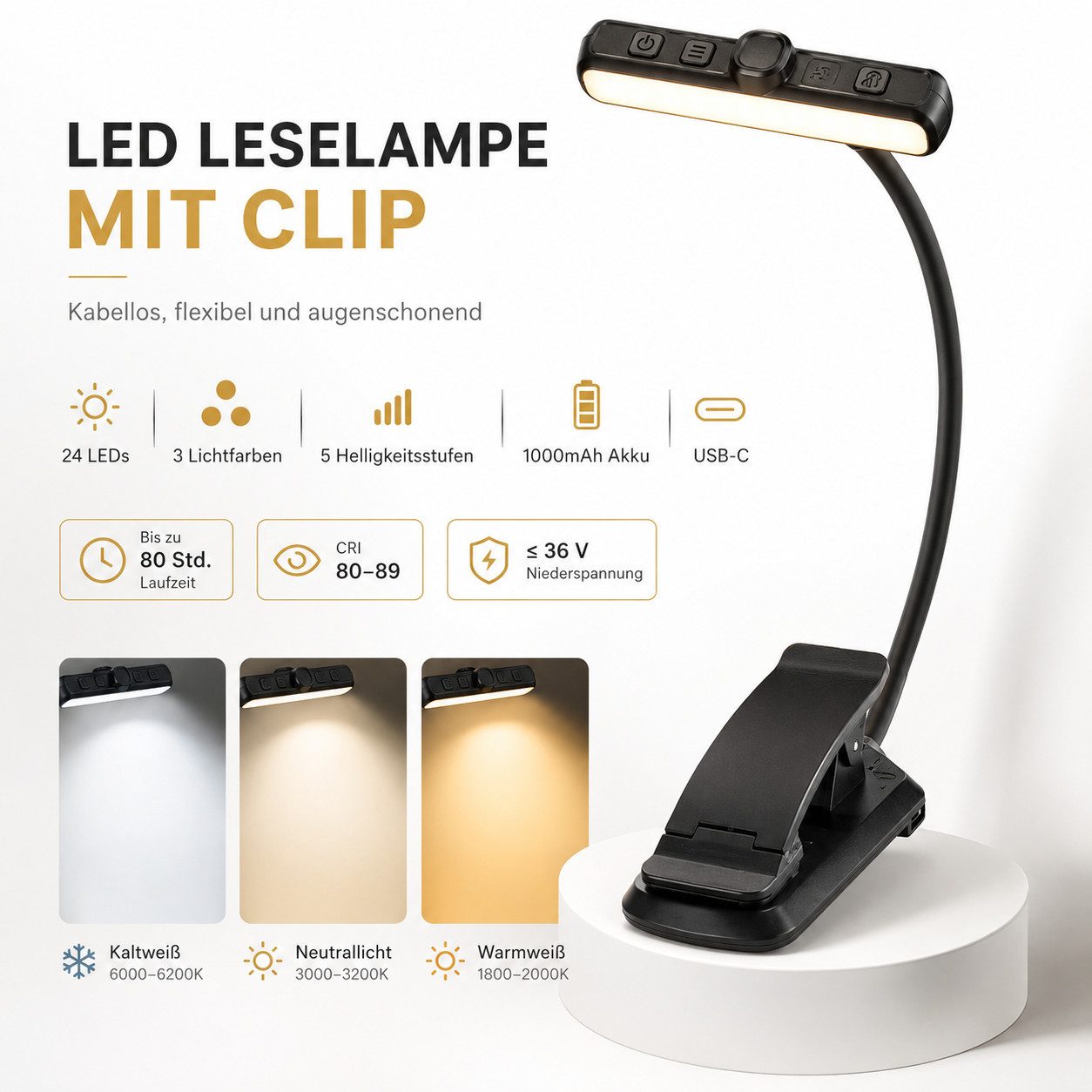 Fyrove LED Leselampe LED Leselampe mit Klemme, 24 LEDs, 3 Lichtfarben 5 Helligkeitsstufen, stufenlos dimmbar, 1000 mAh Akku, USB-C, 315° drehbare Klemmleuchte,  – Bild 4 von 5