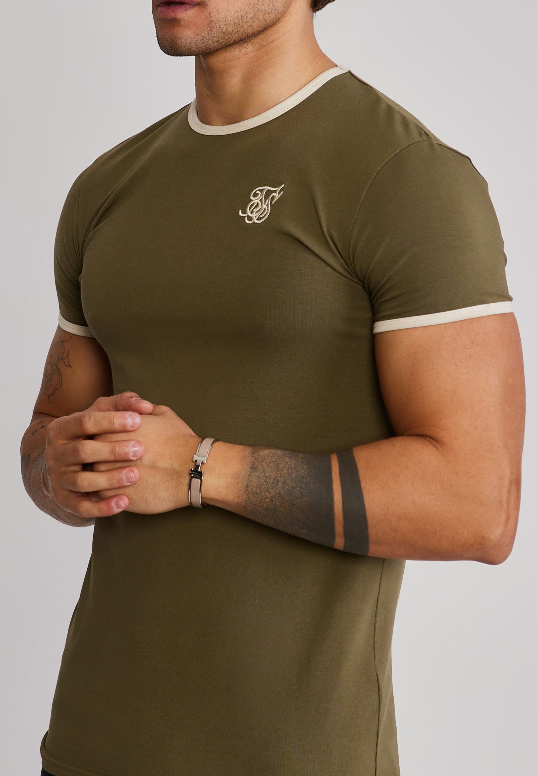 Siksilk T-Shirt SikSilk Herren Khaki Grün and Ecru Ringer T-Shirt