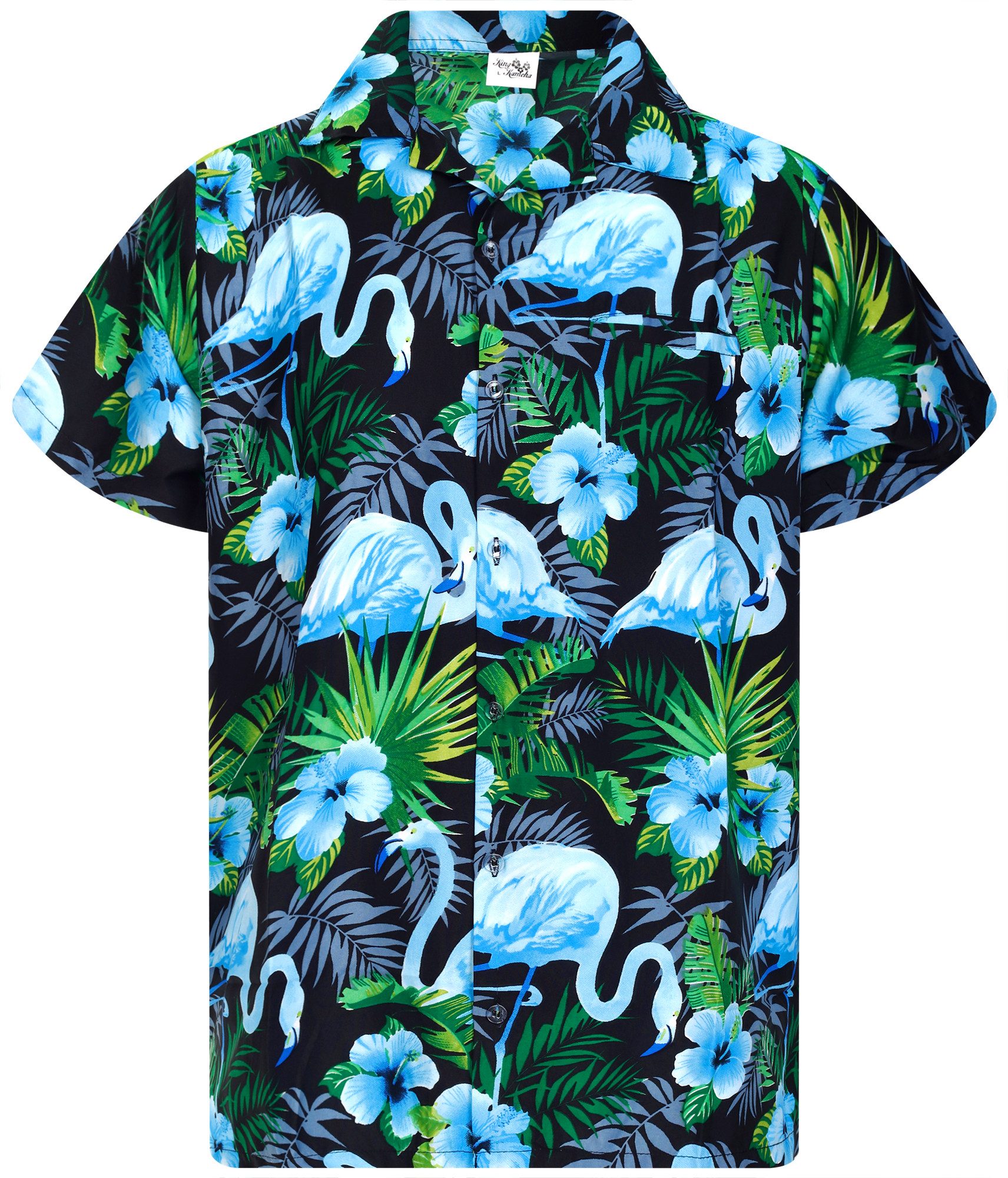 King Kameha Hawaiihemd Flamingo Flowers Funky Hawaii-Hemd Herren Kurzarm Front-Tasche Unisex