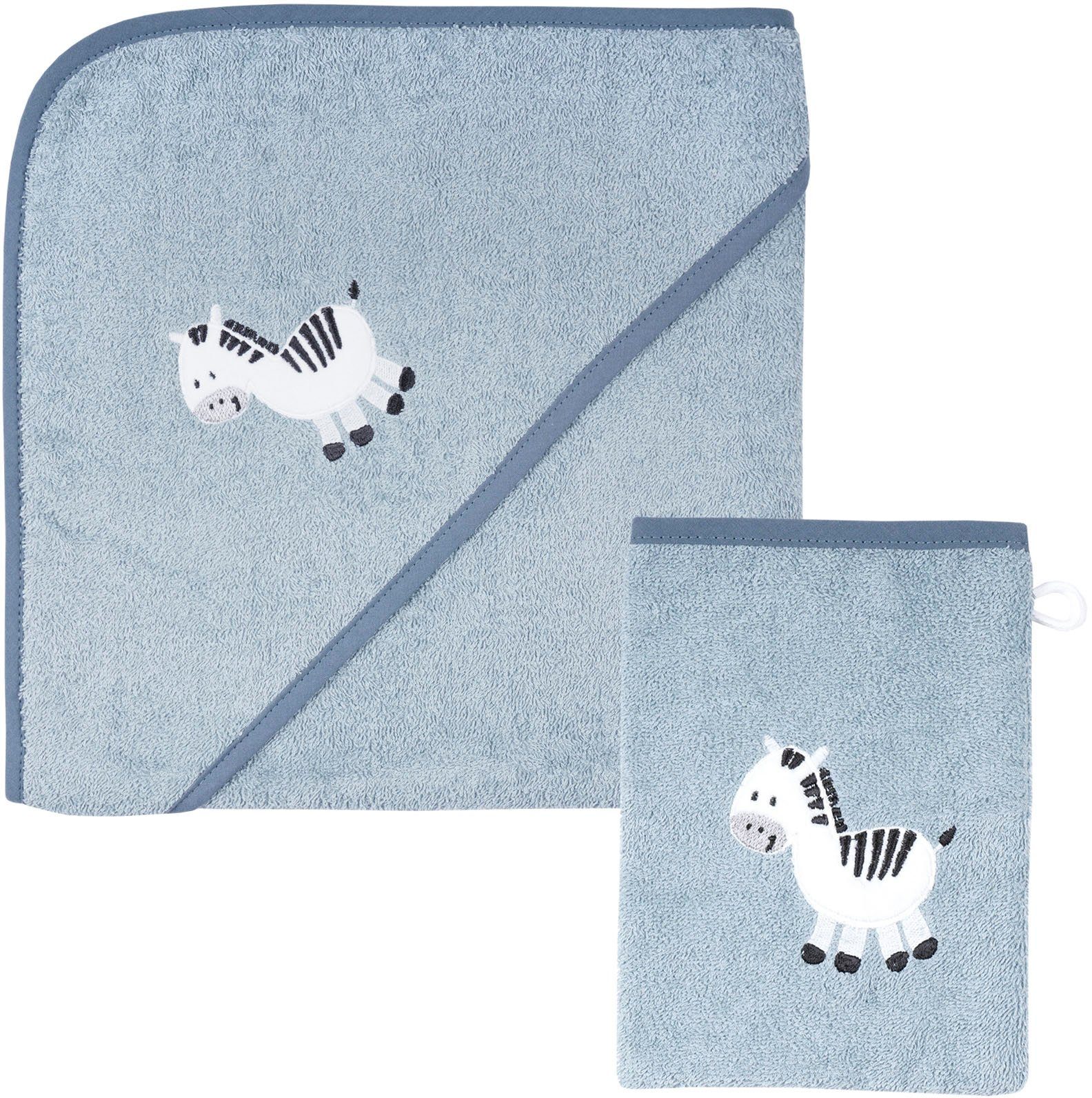 Wörner Handtuch Set Zebra blau Frottier, 100/100 mit Zebrastickerei 2-tlg), süßer mit Kapuzenbadetuch Waschhandschuh, (Spar-Set