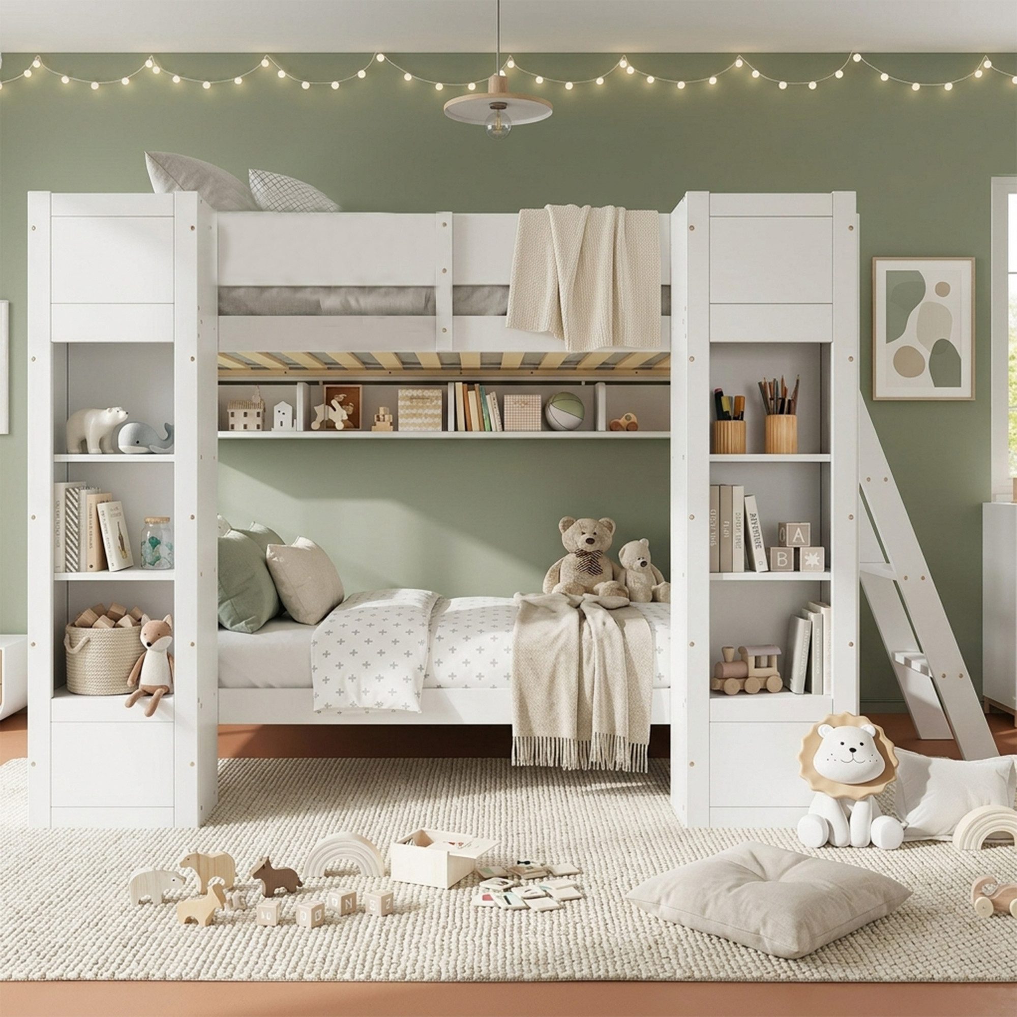 Flieks Etagenbett, Kinderbett 90x200cm mit Frontschränken, Leiter links/rechts montierbar