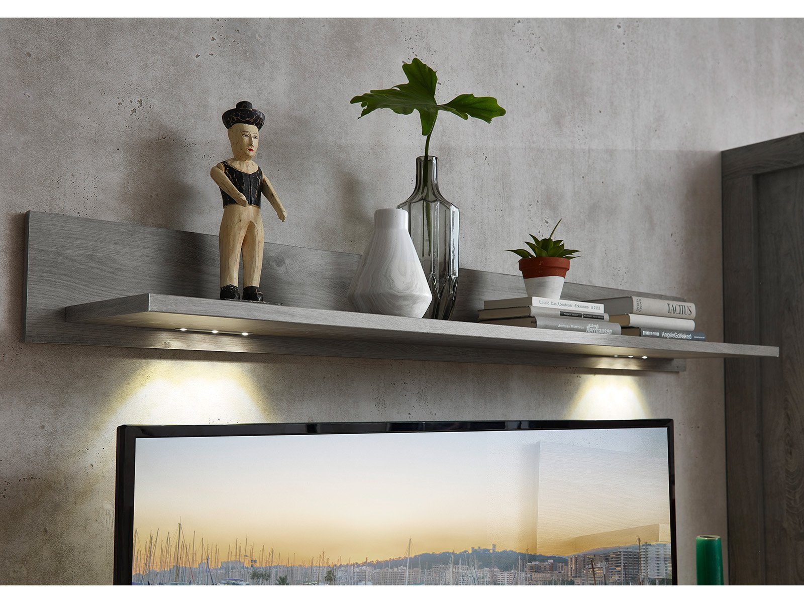 Laminat Moderne Nachbildung Tiefe Wandboard, möbelando Wohnwand aus Höhe Haveleiche Weiß Highboard, 1 47 Stellmaß breiten Breite Lack 1 Highboard, TV-Lowboard 1 ca. bestehend aus 160 cm, und LED-Beleuchtung. 364 schmalen Wohnwand cm inkl. in cm, Gravesend, 1 supermatt, aus MDF / Spanplatte, Korpus Front