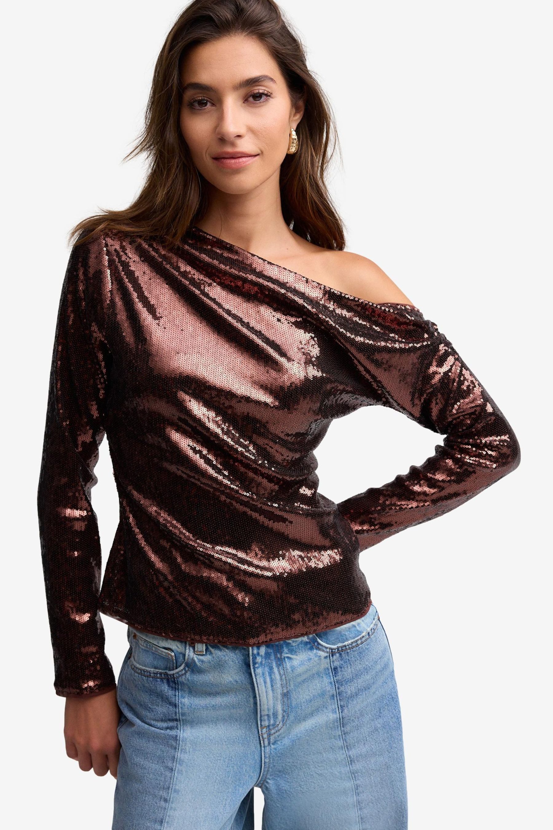 Next Paillettenshirt Drapiertes Paillettenoberteil mit langen günstig online kaufen