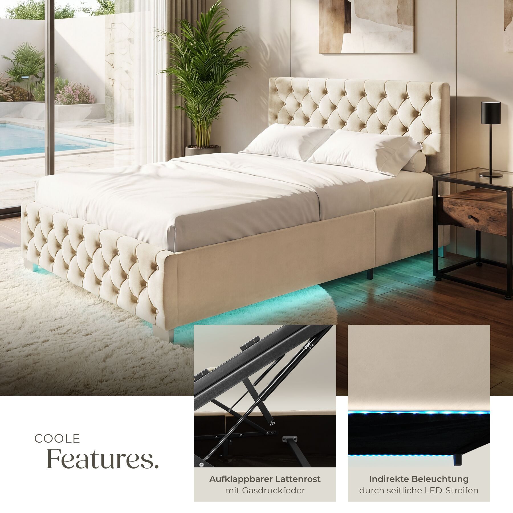 tectake Polsterbett Komfortbett mit LED-Leisten & Stauraum - Samtoptik mit Steppmuster (Bettset, in Samtoptik Sand), stabiler Stahlrahmen, Belastbarkeit 250 kg