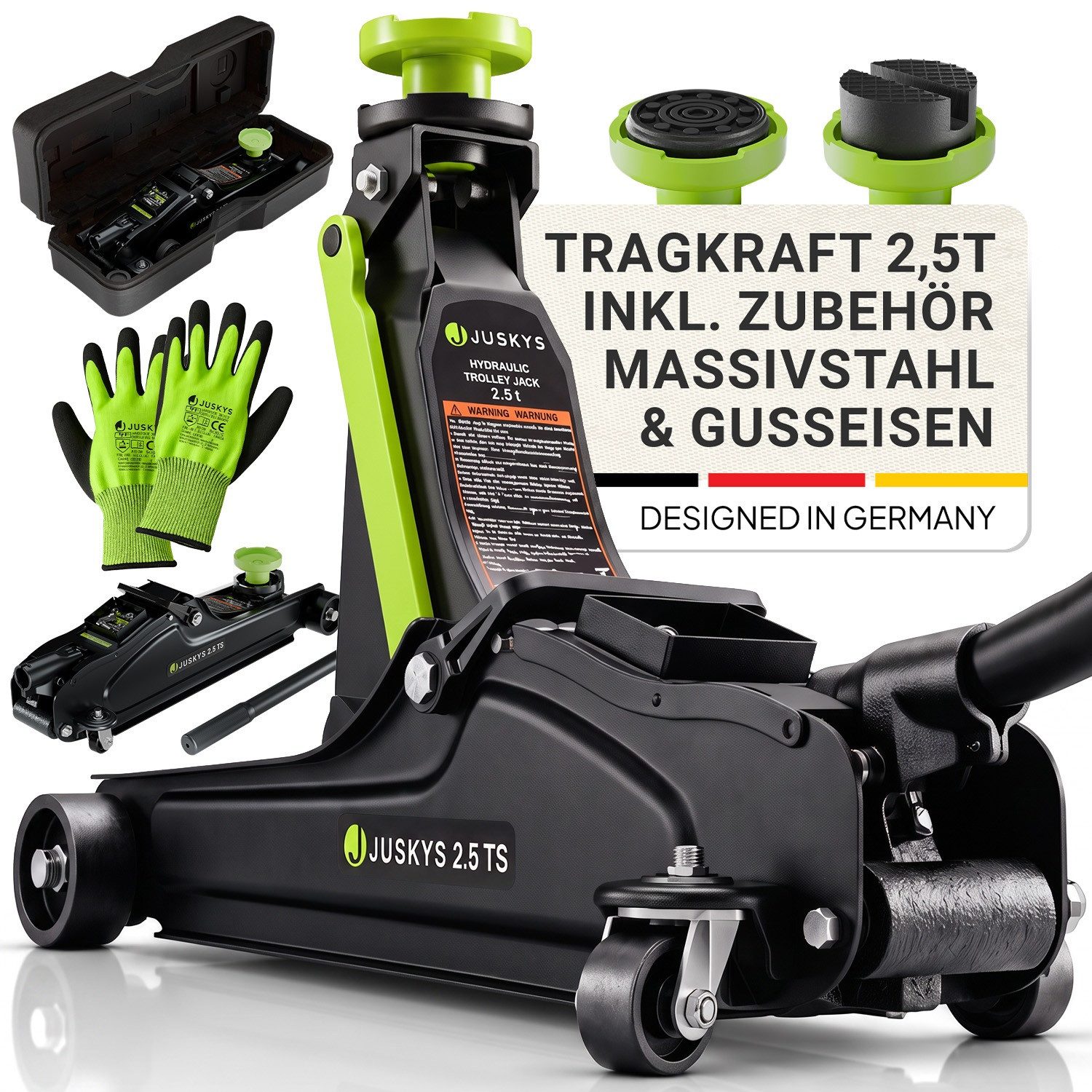 Juskys Wagenheber hydraulisch bis 2,5 t, Hubbereich 85-390 mm, aus Stahl in Schwarz-Grün, max. Hubhöhe: 39 cm, Rangierwagenheber inkl. Transportbox, Gummiauflagen & Handschuhen