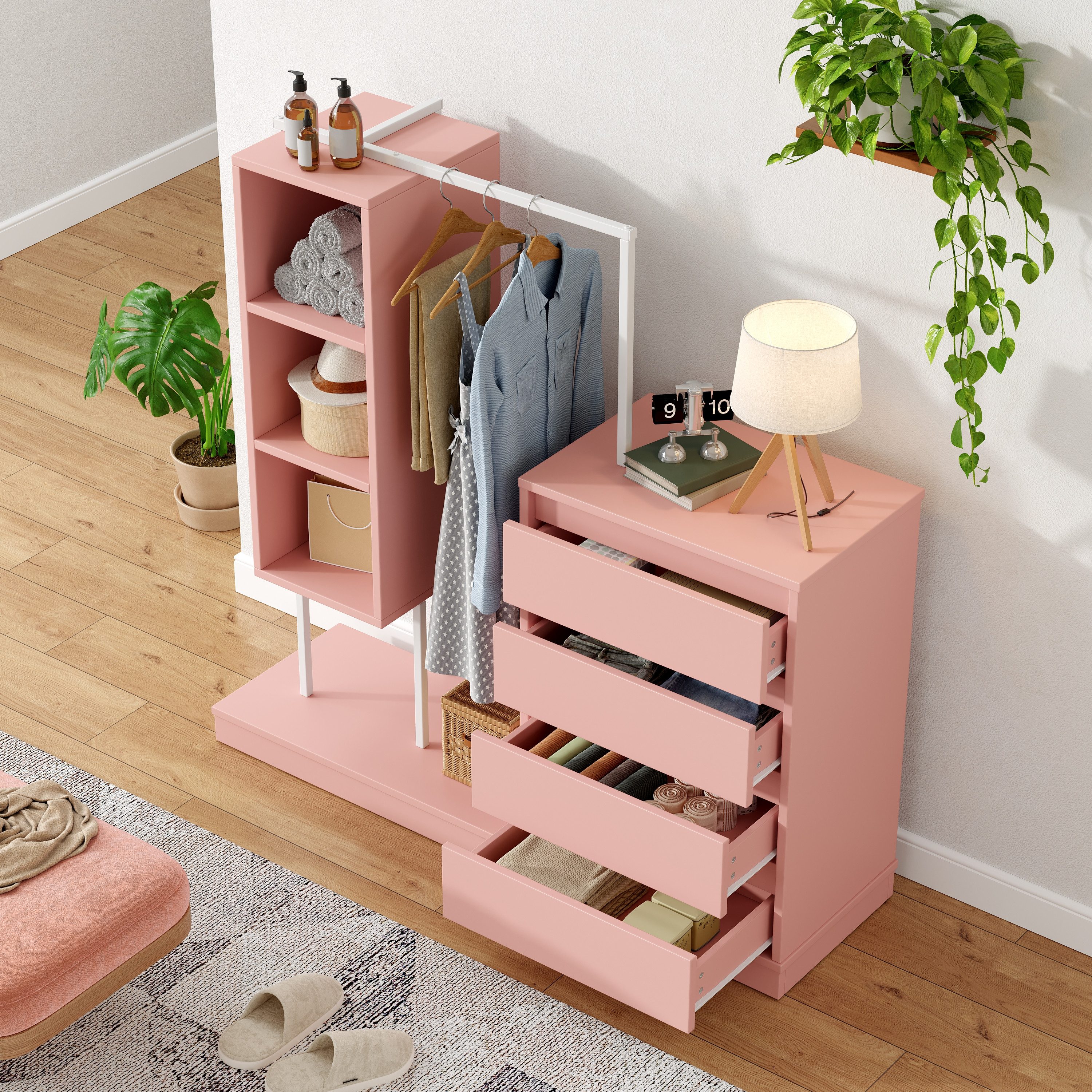 STILVORA Garderoben-Set Garderoben-Set mit Schublade Garderobenschrank mit Kleiderstange Rosa, (Rosa Kleiderschrank-Set mit Schubladen & Kleiderstange – Flexibler Stauraum, stabiler Metallrahmen., B140/W40/H135)