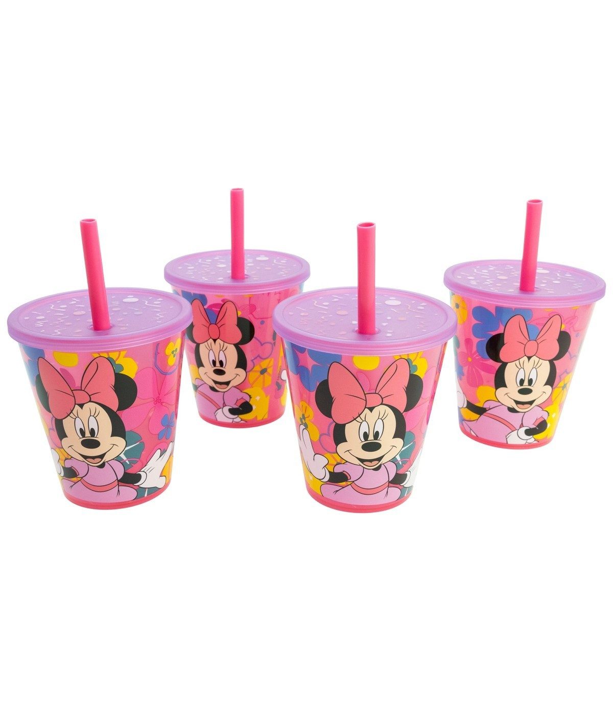 Disney Minnie Mouse Becher Kinder Becher Set 4 teilig 285 ml Becher mit Trinkhalm, 4-tlg.