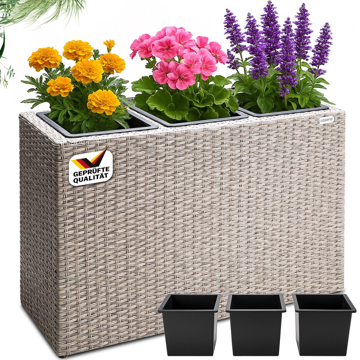 Casaria Pflanzkübel, 3 Innentöpfe Herausnehmbar Polyrattan 83x30,5x60cm Blumentopf Creme