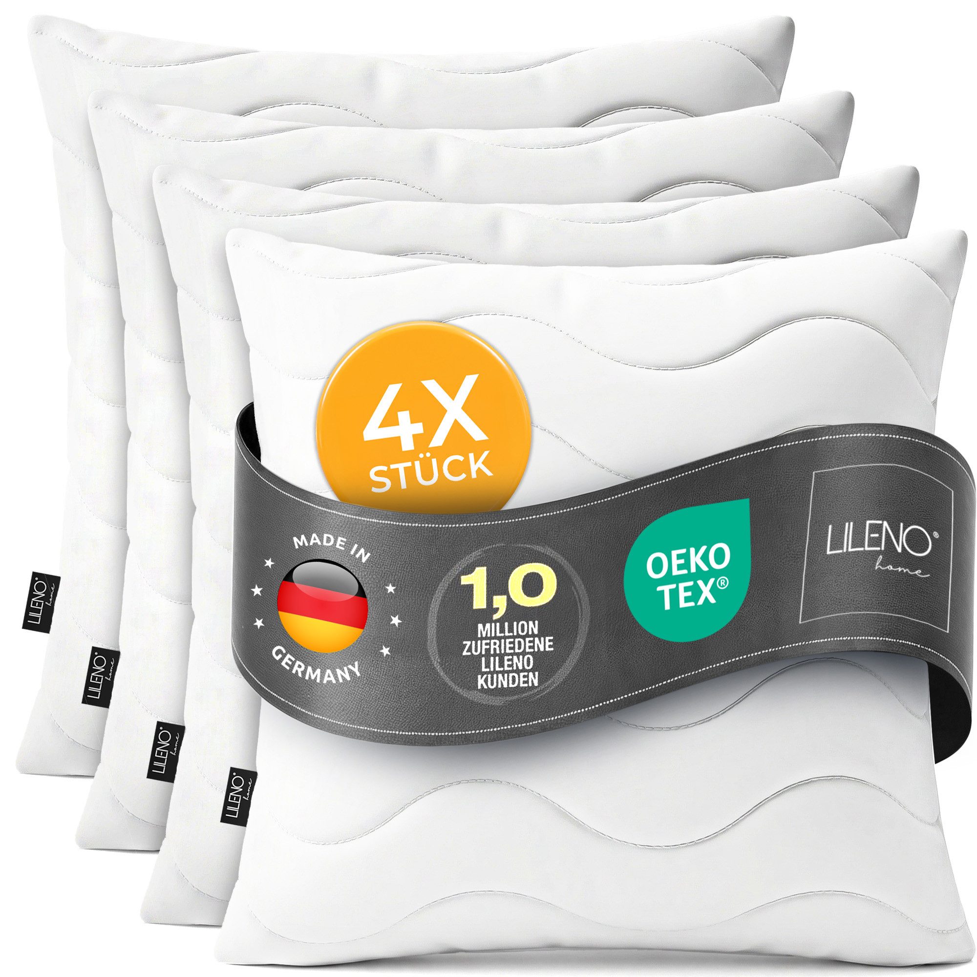 LILENO HOME Kopfkissen - gestepptes Kissen in verschiedenen Größen - Made in Germany, Füllung: 100% Polyester, Rückenschläfer, Seitenschläfer, Bauchschläfer, Spar-Set, 4er Set, Dekokissen 40x40 cm, allergikergeeignet, Bettkissen oder Kopfkissen