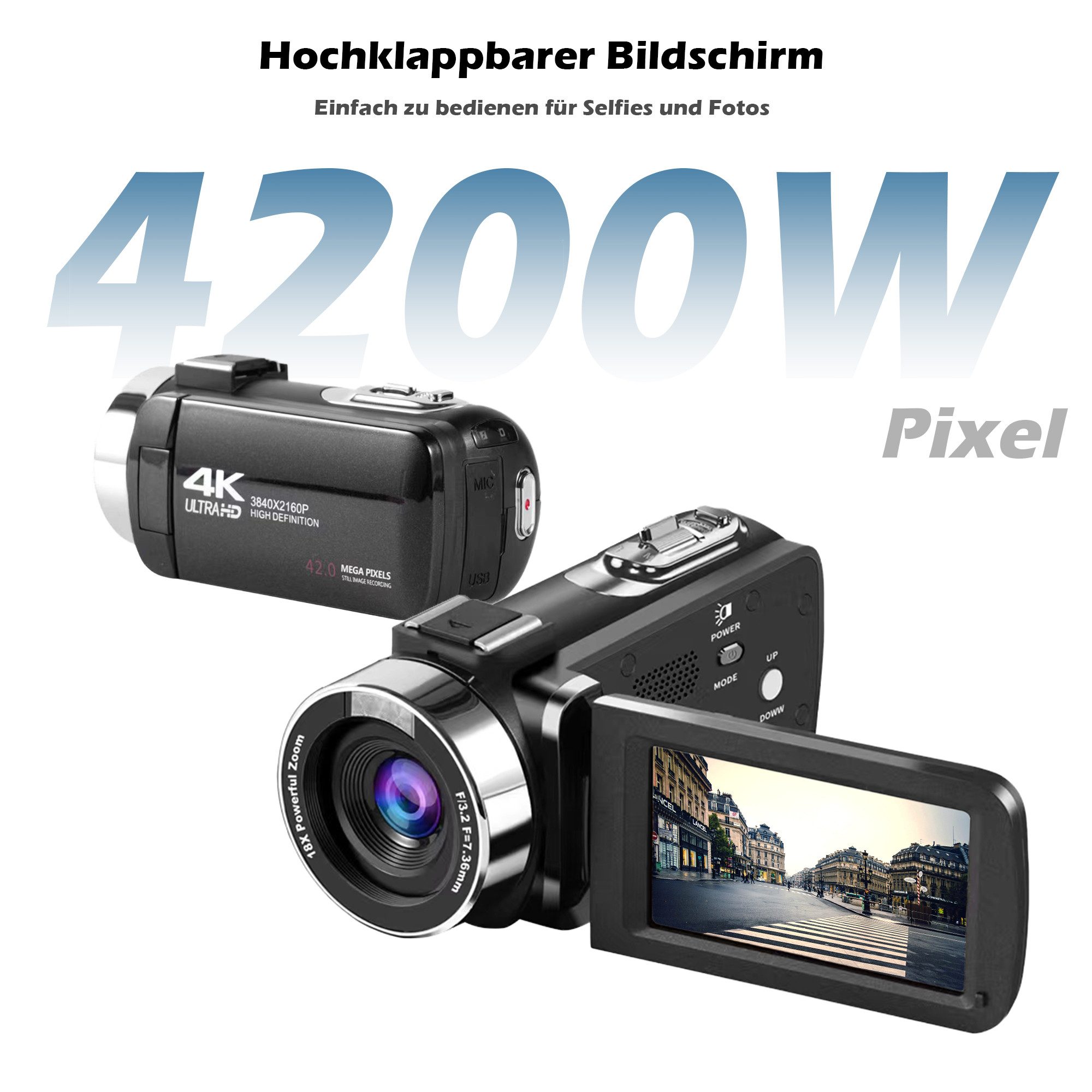Fine Life Pro HD Camcorder mit 42MP Foto, 32GB Card, 3" HD-Display, 18X Digitalzoom Videokamera (externes Mikrofon & 90 Min. Aufnahmezeit –, Einsteigerfreundliche Videokamera für klare Aufnahmen)