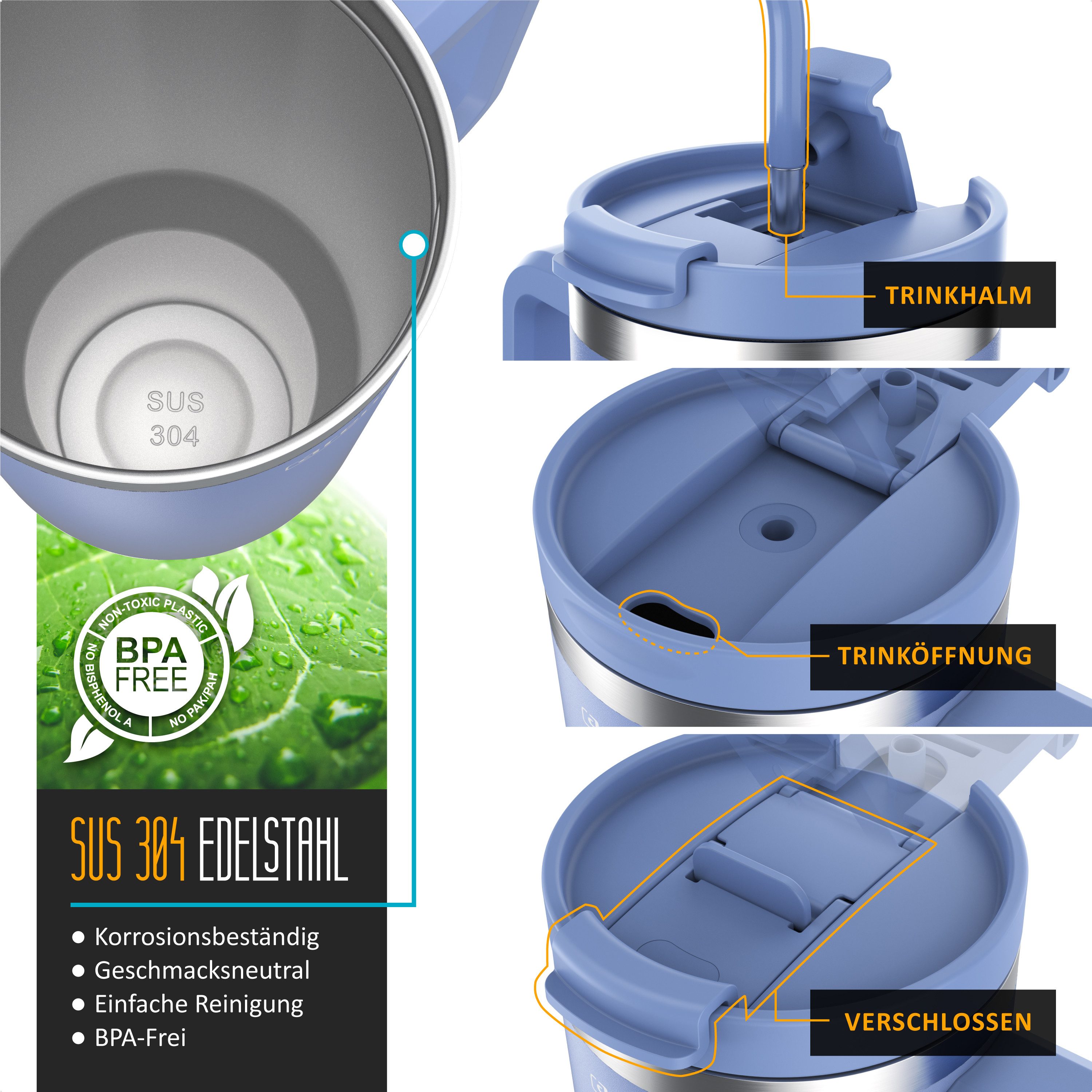 Arendo Thermobecher Tumbler 1200 ml, Becher mit Deckel, Henkel und Strohhalm, Thermal Mug, 4-tlg., Edelstahl, doppelwandig, Vakuumgehäuse aus Edelstahl, luftdichter Verschluss