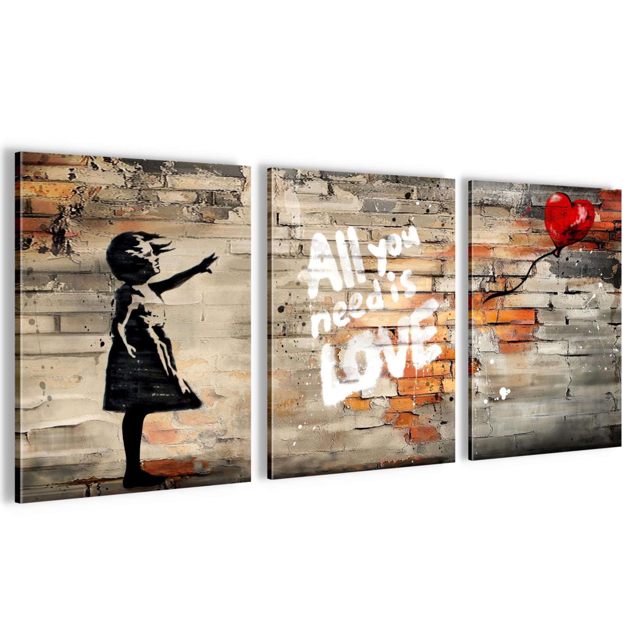 Novart Wandbild Wandbilder Set Banksy Style Collage - 3 Bilder Wohnzimmer Streetart, Balloon Girl
