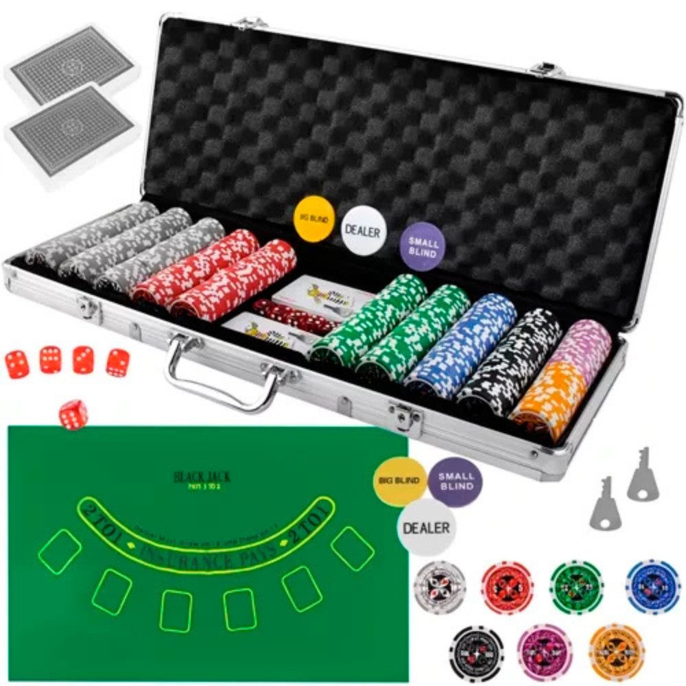 MALATEC Spiel Pokerkoffer Set 500 Chips, Texas Hold'em Poker, Ideal für Texas Hold’em, Blackjack, Roulette und viele weitere Spiele