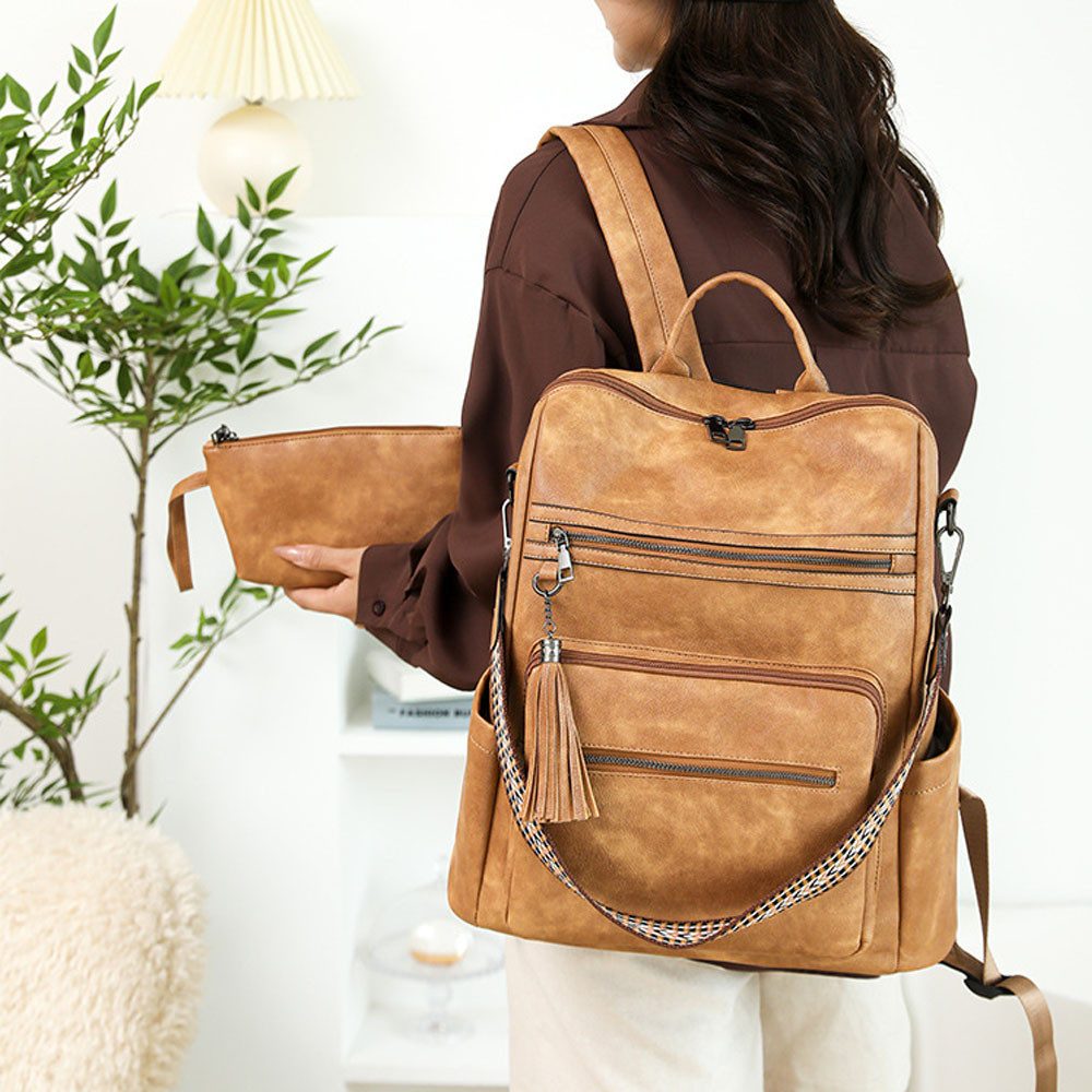 MOPUEA Rucksack Damen-Lederrucksack mit Geldbörse, Rucksack für den täglichen Gebrauch (Modern Schultaschen Handgepäck Reiserucksack Travel Backpack, 2-tlg., Da – Bild 2 von 4
