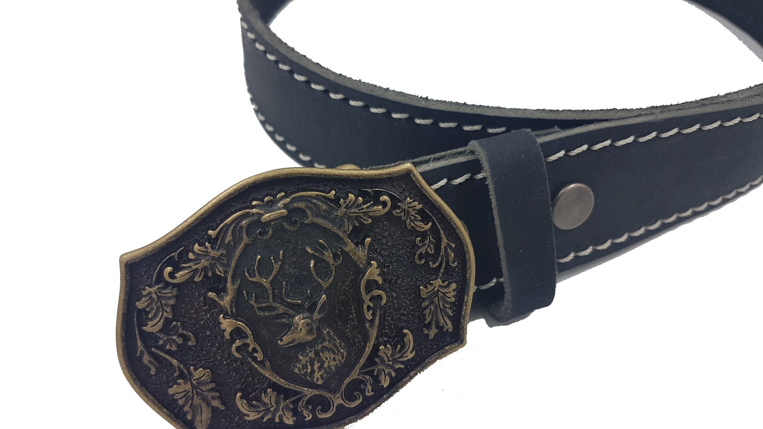 Pezzo D'oro Ledergürtel Ledergürtel schwarz weisser Stick Schließe mit Hirschmotiv kunstvoll geprägter Hirschkopf