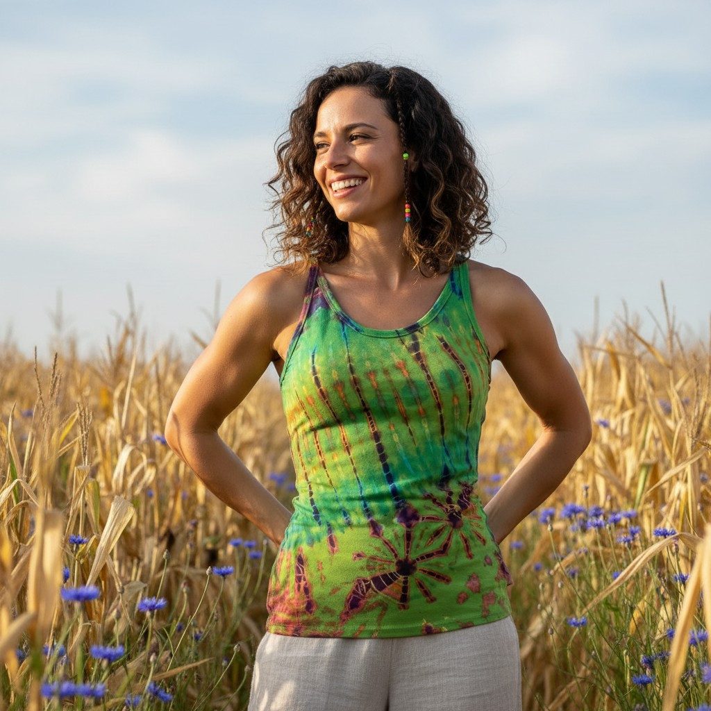 Guru-Shop T-Shirt Batik Hippie Top, Tank Top - grün Festival, Ethno Style, Hippie, alternative Bekleidung