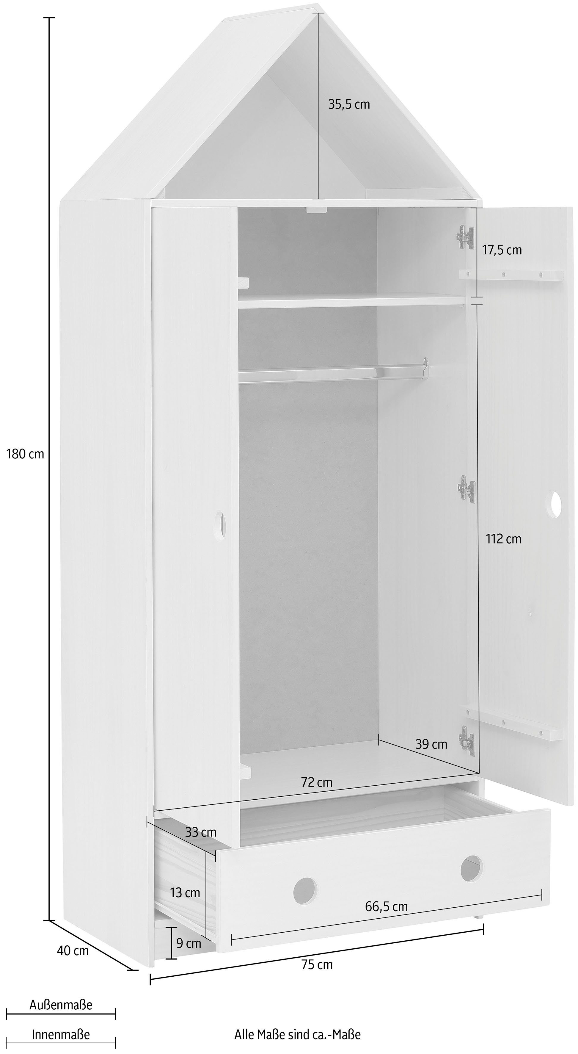 Alpi weiß Kleiderschrank cm mit Lüttenhütt Höhe Kleiderstange, 180 Einlegeböden Kiefernholz, und