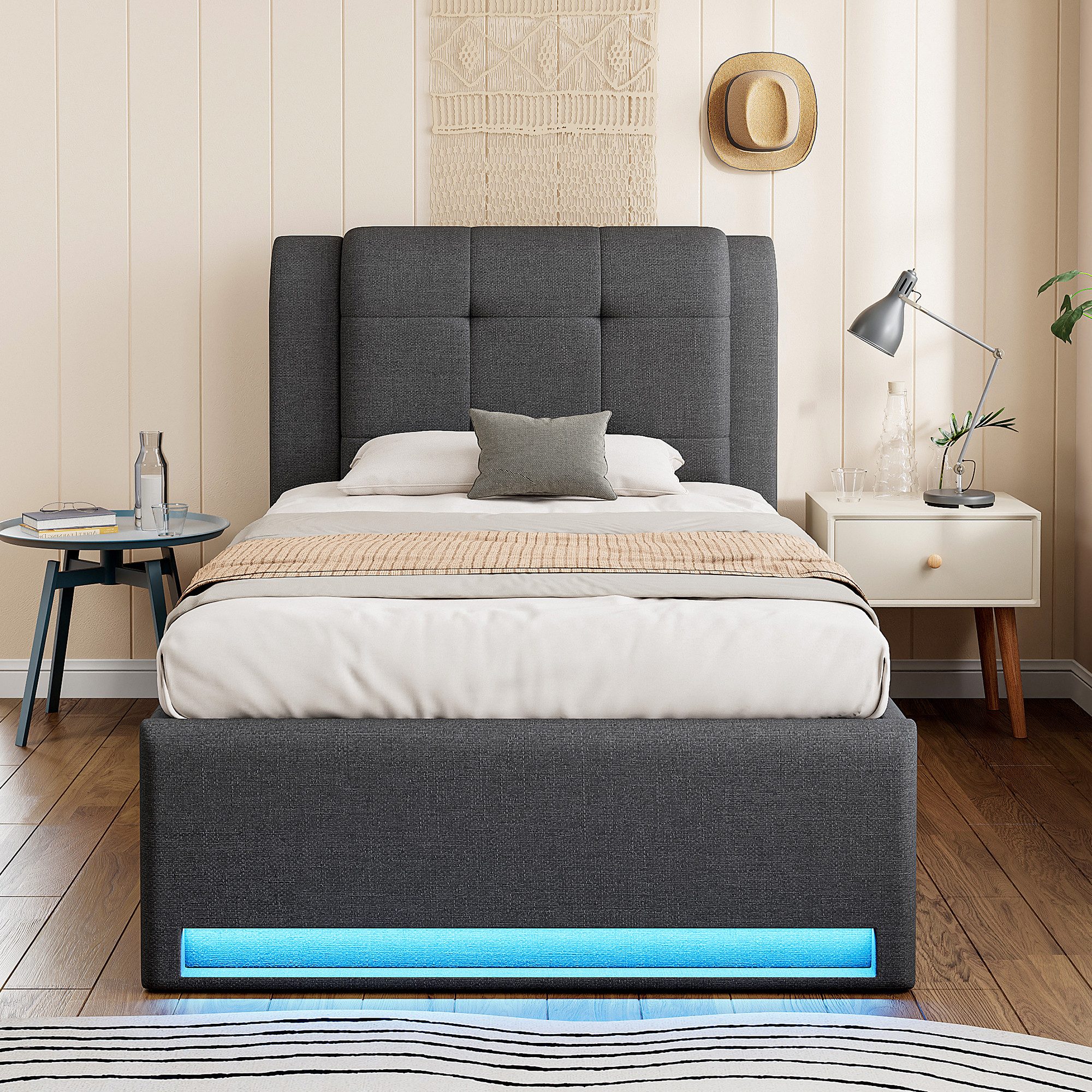 Flieks Polsterbett, Kinderbett 90x200cm mit Ausziehbett 90x190cm & LED-Beleuchtung