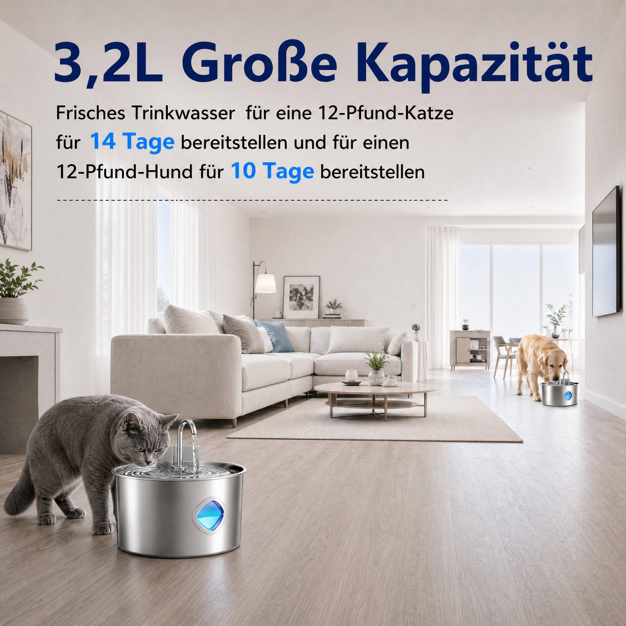marmortrend Sehnsucht nach Einzigartigkeit Trinkbrunnen für Katzen, Katzenbrunnen Kabellos Edelstahl 3,2L mit Bewegungssensor, Wasserbrunnen für Katzen mit Liese Pumpe, 2 Filter, Leicht zu reinigen
