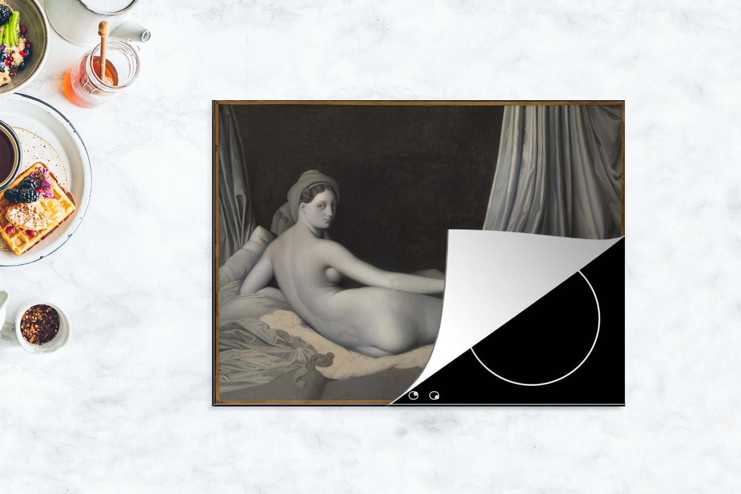 Herdblende-/Abdeckplatte - Mobile Dominique cm, Vinyl, Auguste tlg), (1 70x52 MuchoWow Gemälde Grisaille Ceranfeldabdeckung Odaliske von nutzbar, Arbeitsfläche Jean in Ingres,