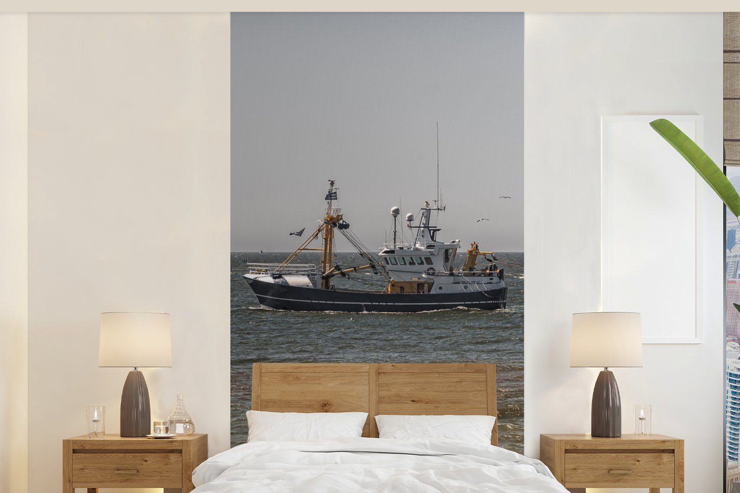 MuchoWow Fototapete Nordsee - Fischerboot - Wasser, Matt, bedruckt, (2 St), Vliestapete für Wohnzimmer Schlafzimmer Küche, Fototapete