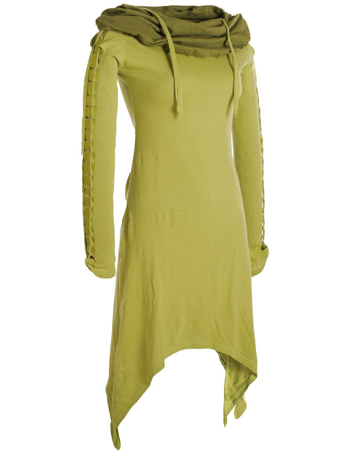 Ethne, Zipfelkleid Biobaumwolle Elfen langarm Boho, Zweifarbiges Schalkragen aus Goa, Vishes Kleid Style mit hellgrün
