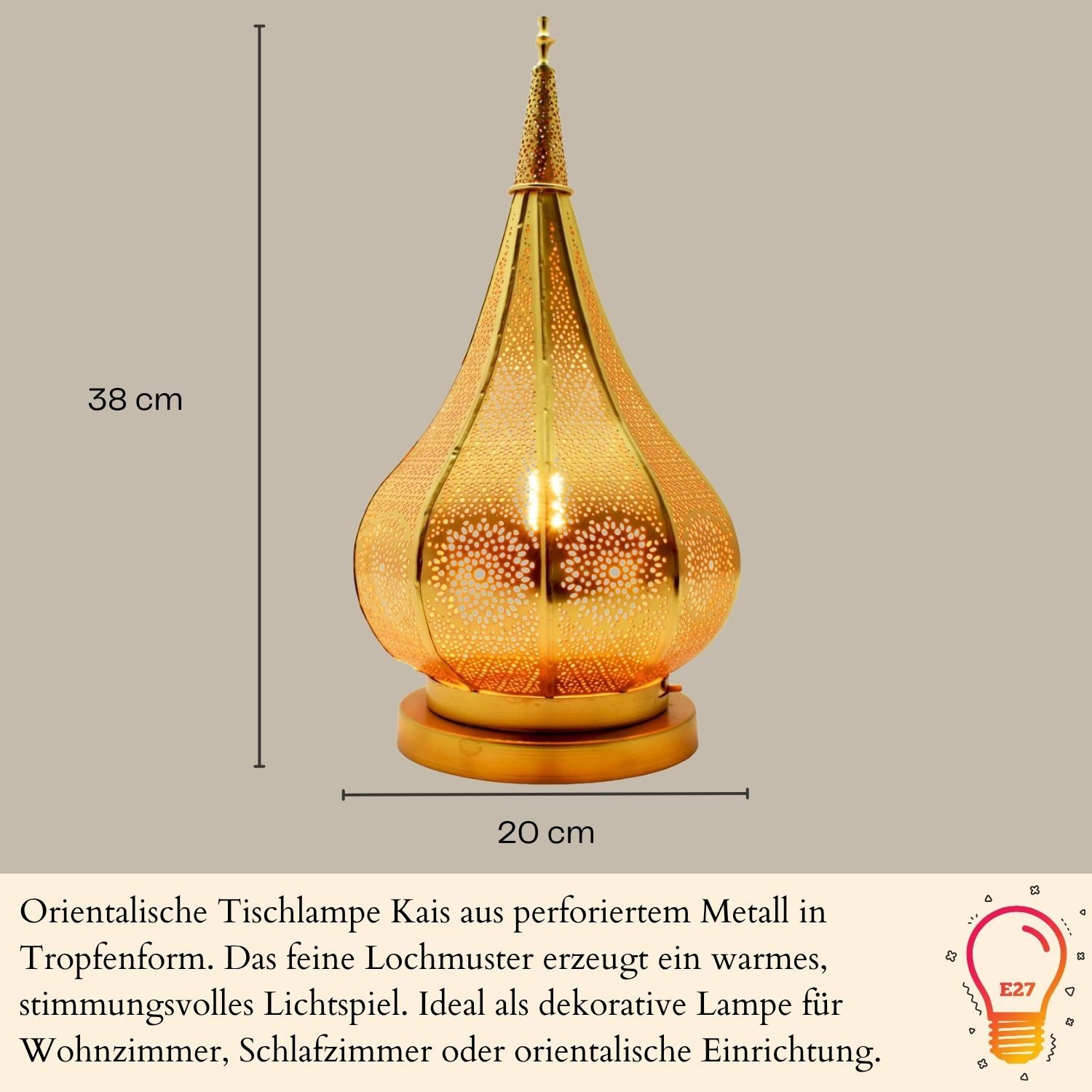 Marrakesch Orient & Mediterran Interior Tischleuchte Kais Tischlampe 38 cm gefertigt aus Eisen, Gold, E27, mit Schalter – Bild 3 von 5