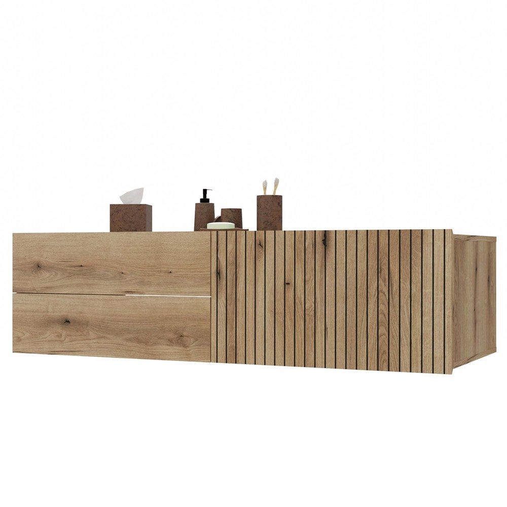 ibonto Waschbeckenunterschrank Waschtischunterschrank 140 cm hängend mit 2 Schubladen und Rillenfront