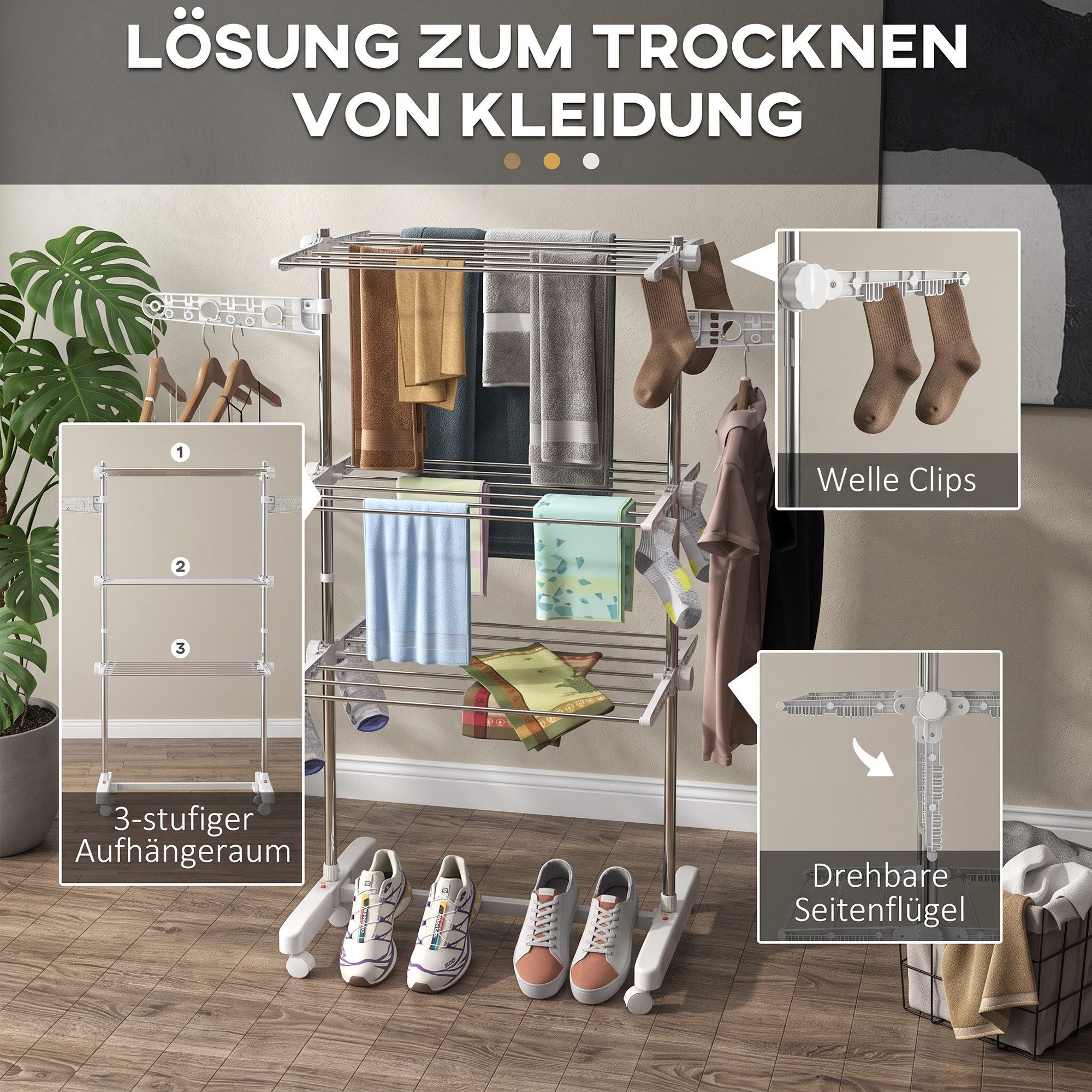 HOMCOM Wäscheständer Turm Standtrockner mit 3 Ebenen, klappbare Flügel, Rollen, für Indoor, Outdoor, Stahl Weiß 80,142 x 55 x 152 cm – Bild 5 von 5