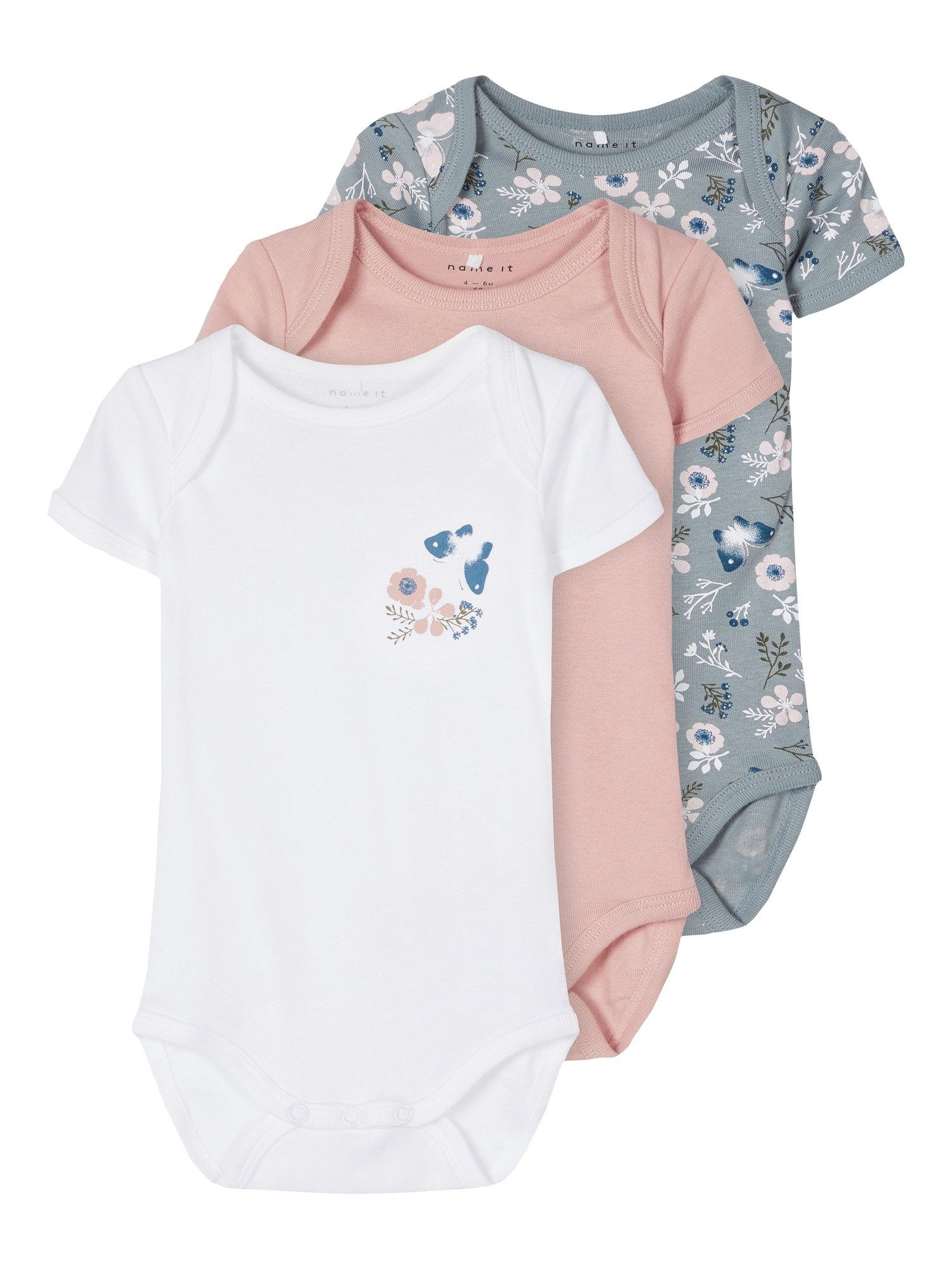 Name It Kurzarmbody Mädchen Baby Blumenmotiv 3er Pack Pale Mauve 56 (Packung, 3-tlg., 3er-Pack) mit Druckknöpfen im Schritt